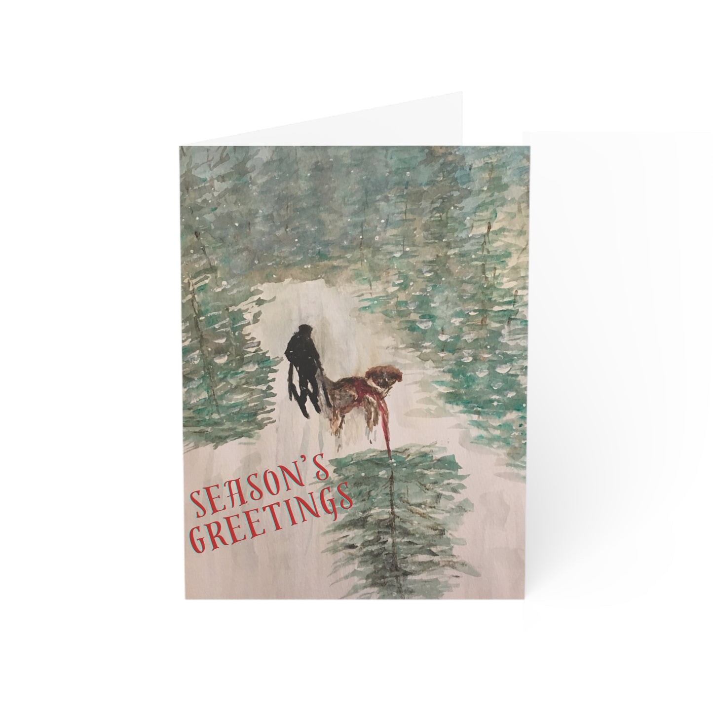 Holiday Greeting Cards Original Artwork Tree Hunting (10, 30, and 50pcs), Dog, Skis, Seasons Greetings, Wishing Health Happiness New Year