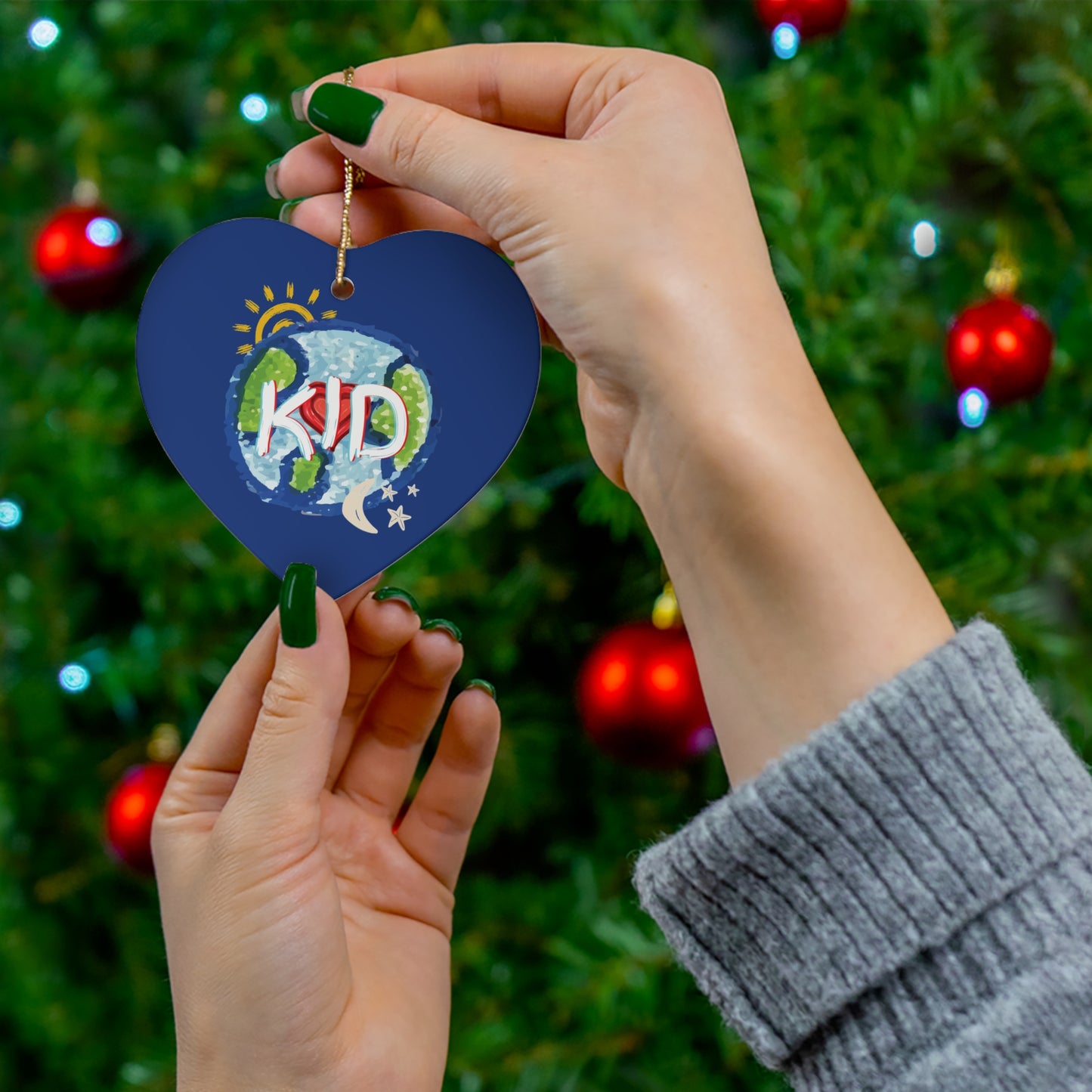 KID Hanging Ceramic Ornament, Whole World, Sun Moon & Stars, Heart, Circle Snowflake Heart Star, Christmas Tree, Holiday, Birthday, Gifts