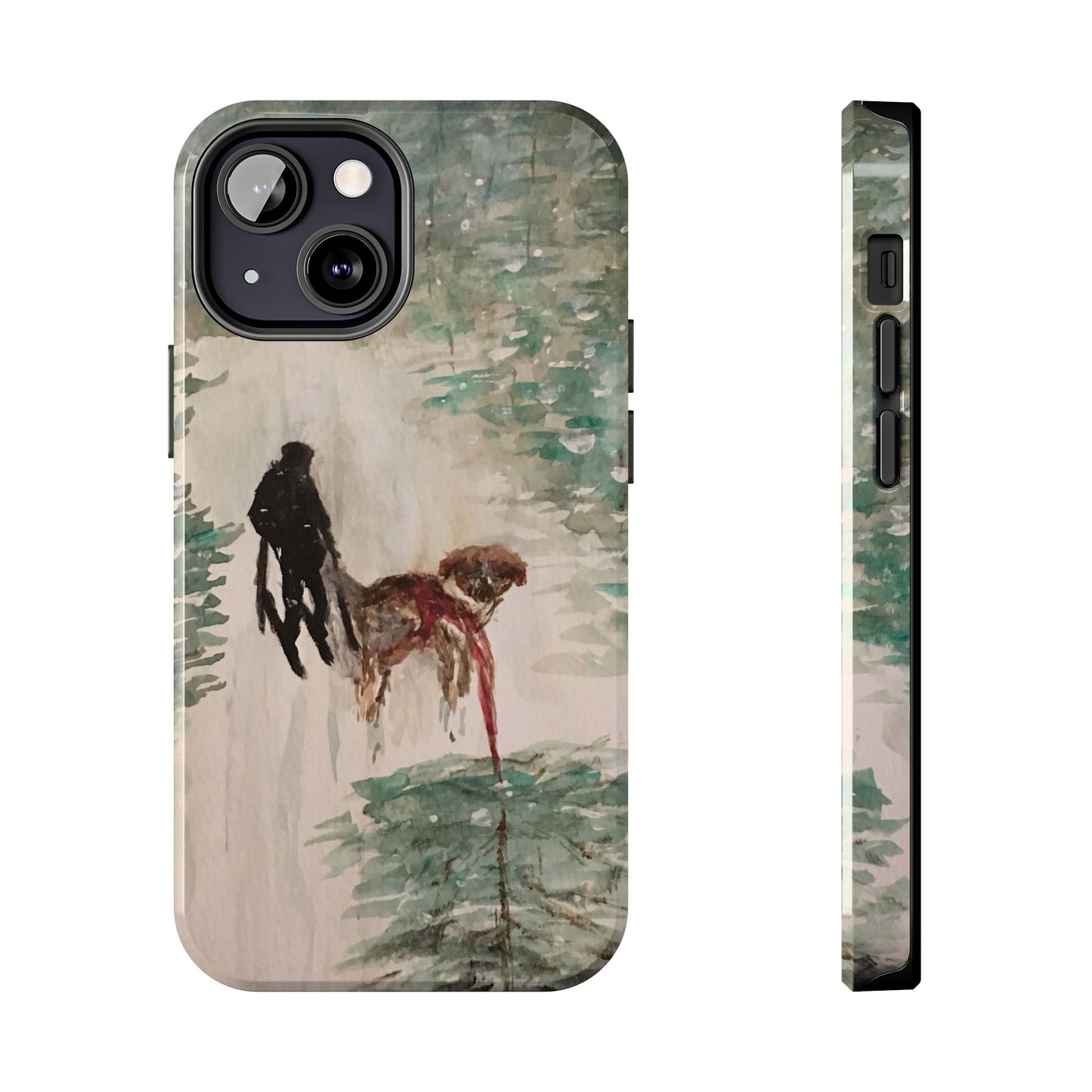 Skier Dog Pulling Tree Tough Phone Cases, iPhone & Samsung cases, wireless charging, pine trees, snow, original artwork, gifts, Christmas