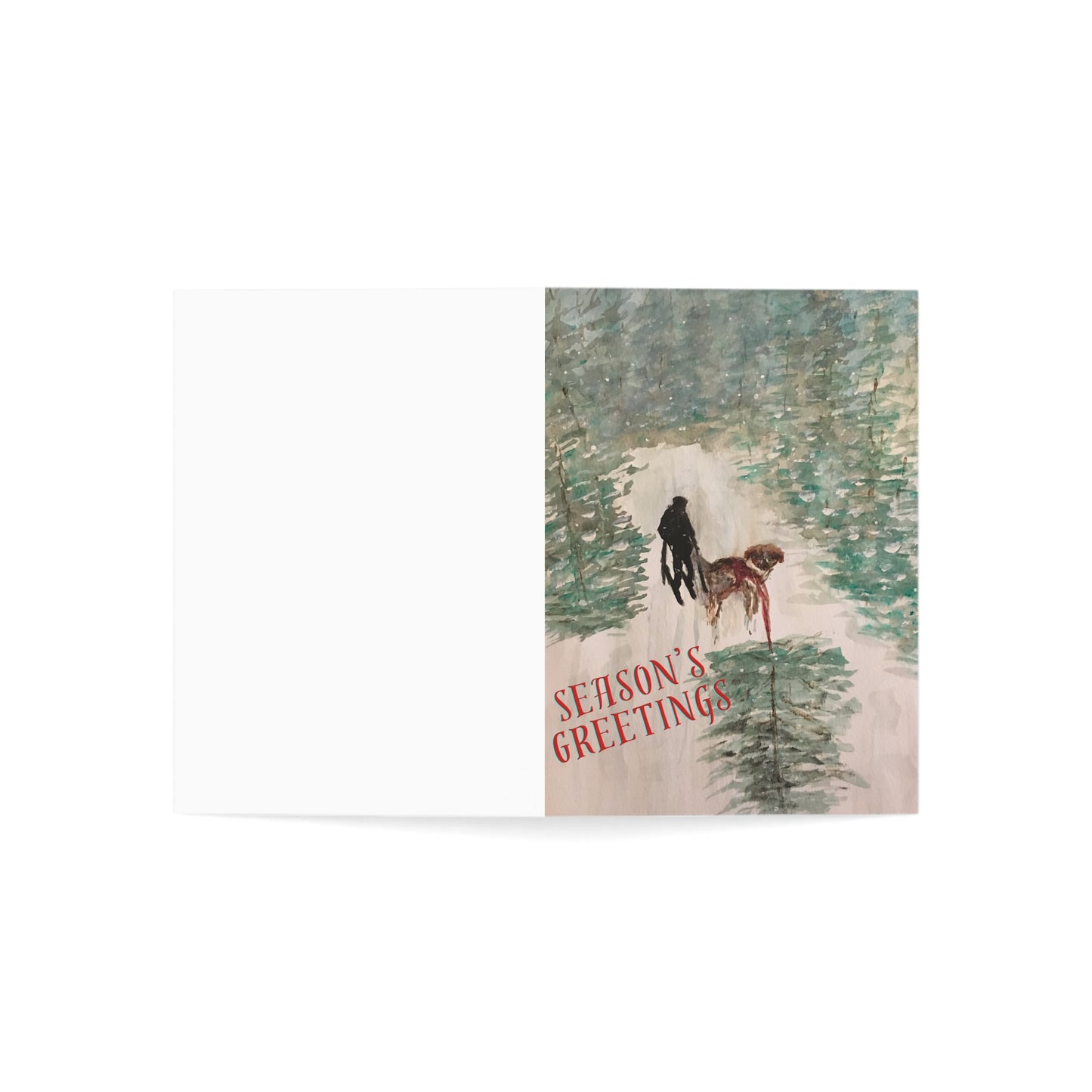 Holiday Greeting Cards Original Artwork Tree Hunting (10, 30, and 50pcs), Dog, Skis, Seasons Greetings, Wishing Health Happiness New Year