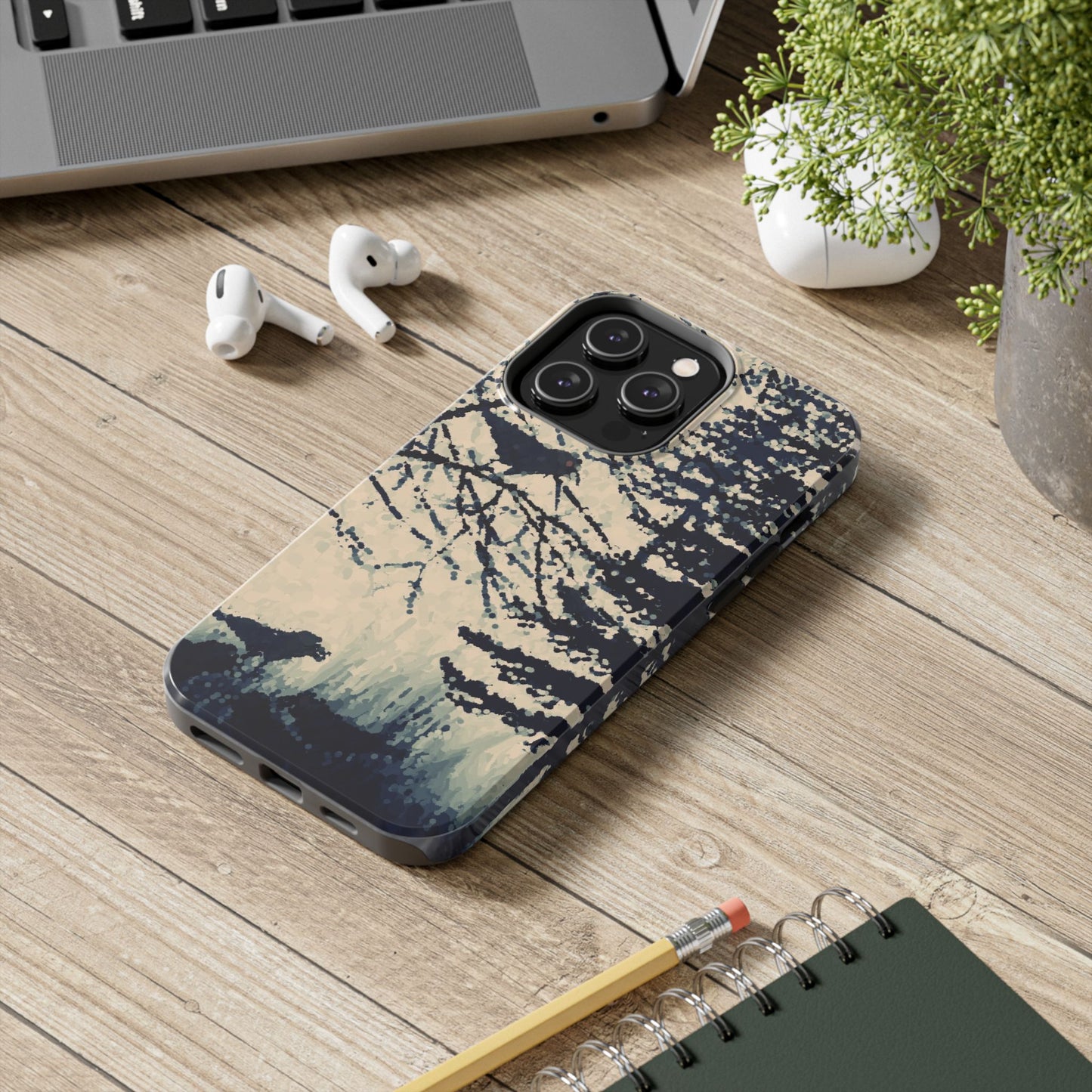 Crows in Forest Tough Phone Cases, iPhone & Samsung cases, wireless charging, crows, trees, birds, original artwork, gifts, Halloween