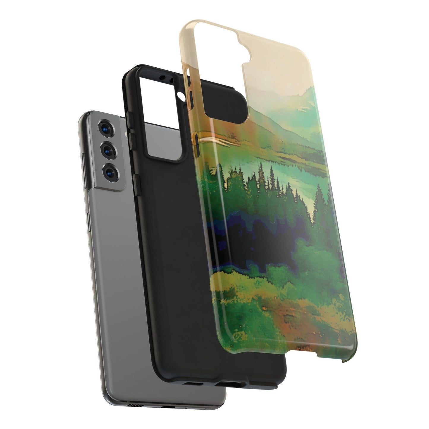Mountain Lake Tough Phone Cases, iPhone & Samsung cases, wireless charging, trees, nature, colorful, original artwork, gifts, Christmas