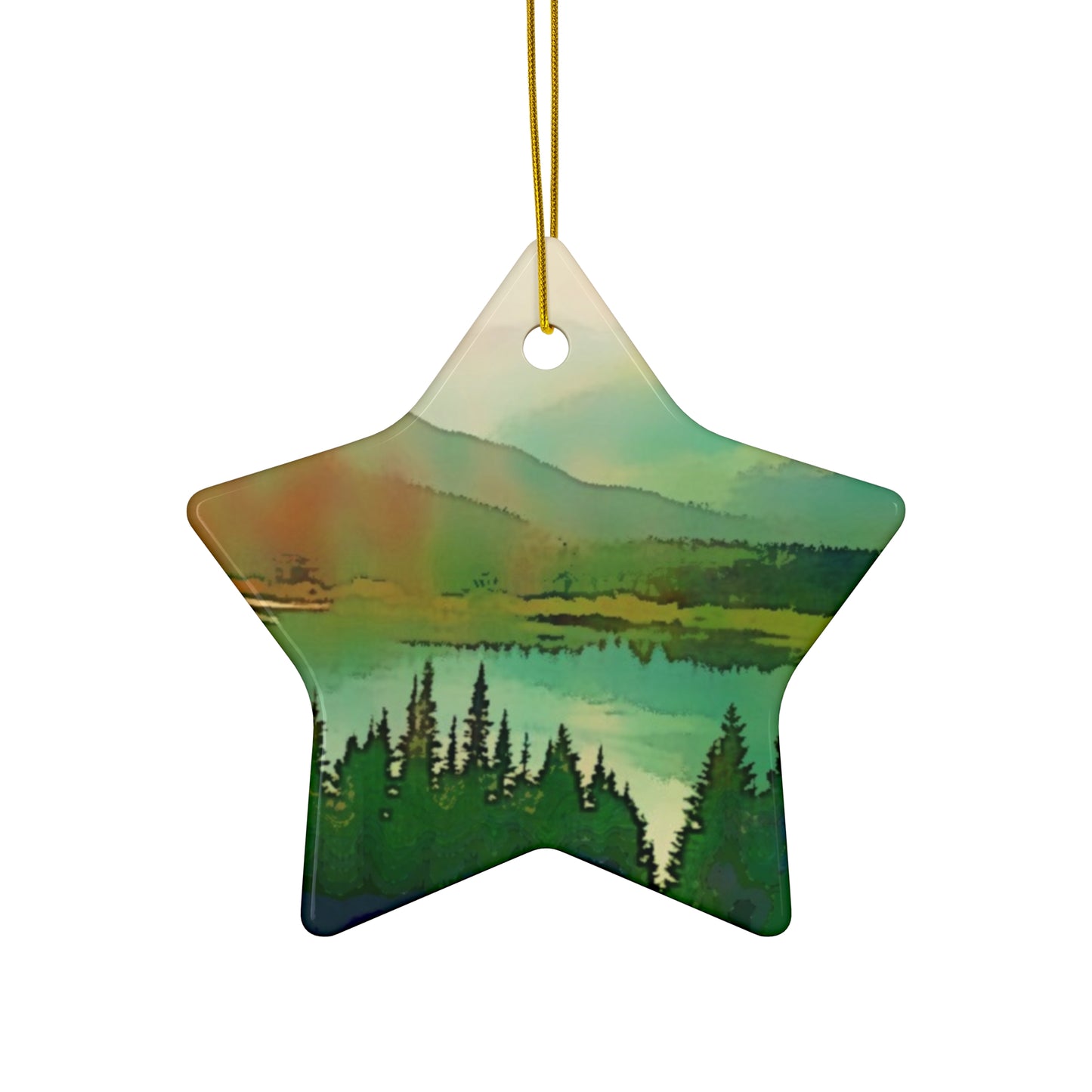 Mountain Lake Hanging Ceramic Ornament, 4 Shapes Circle, Snowflake, Heart, Star, Forest, Tree, Rustic, Holiday, Decor, Gifts, Landscape
