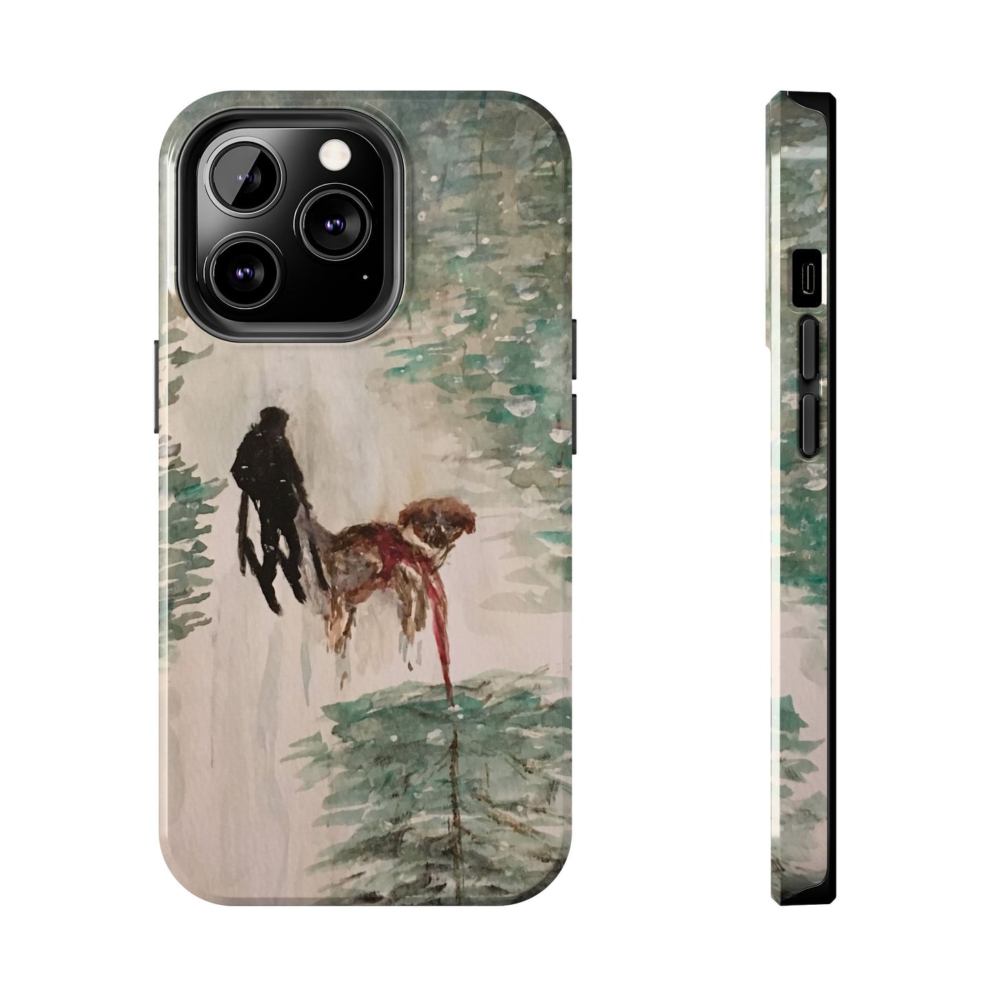Skier Dog Pulling Tree Tough Phone Cases, iPhone & Samsung cases, wireless charging, pine trees, snow, original artwork, gifts, Christmas