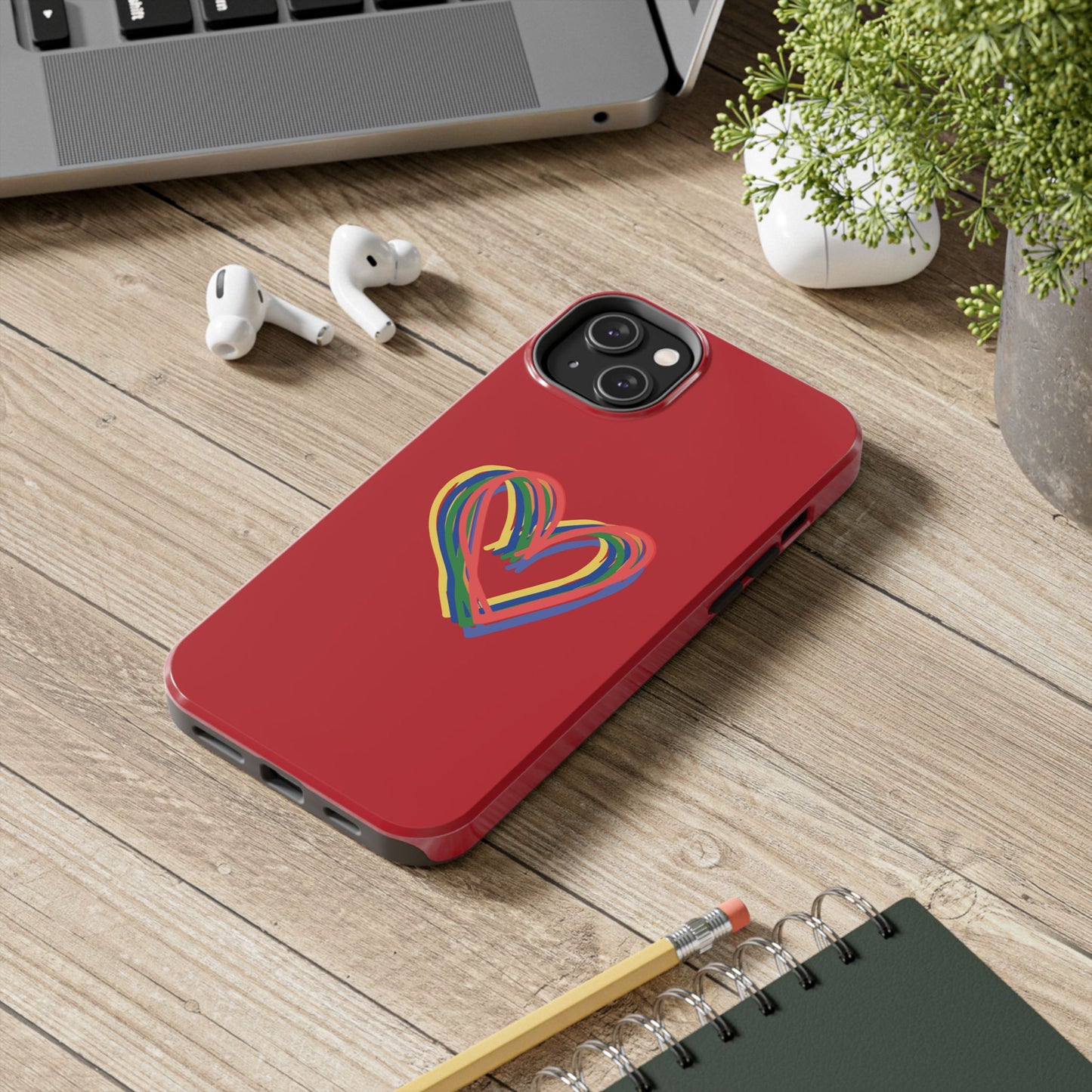 Rainbow Hearts Tough Phone Case, Red Phone Cover, Smartphone Case, Heart Pattern Phone Shell, Phone Hard Case, Colorful, Wireless Charging