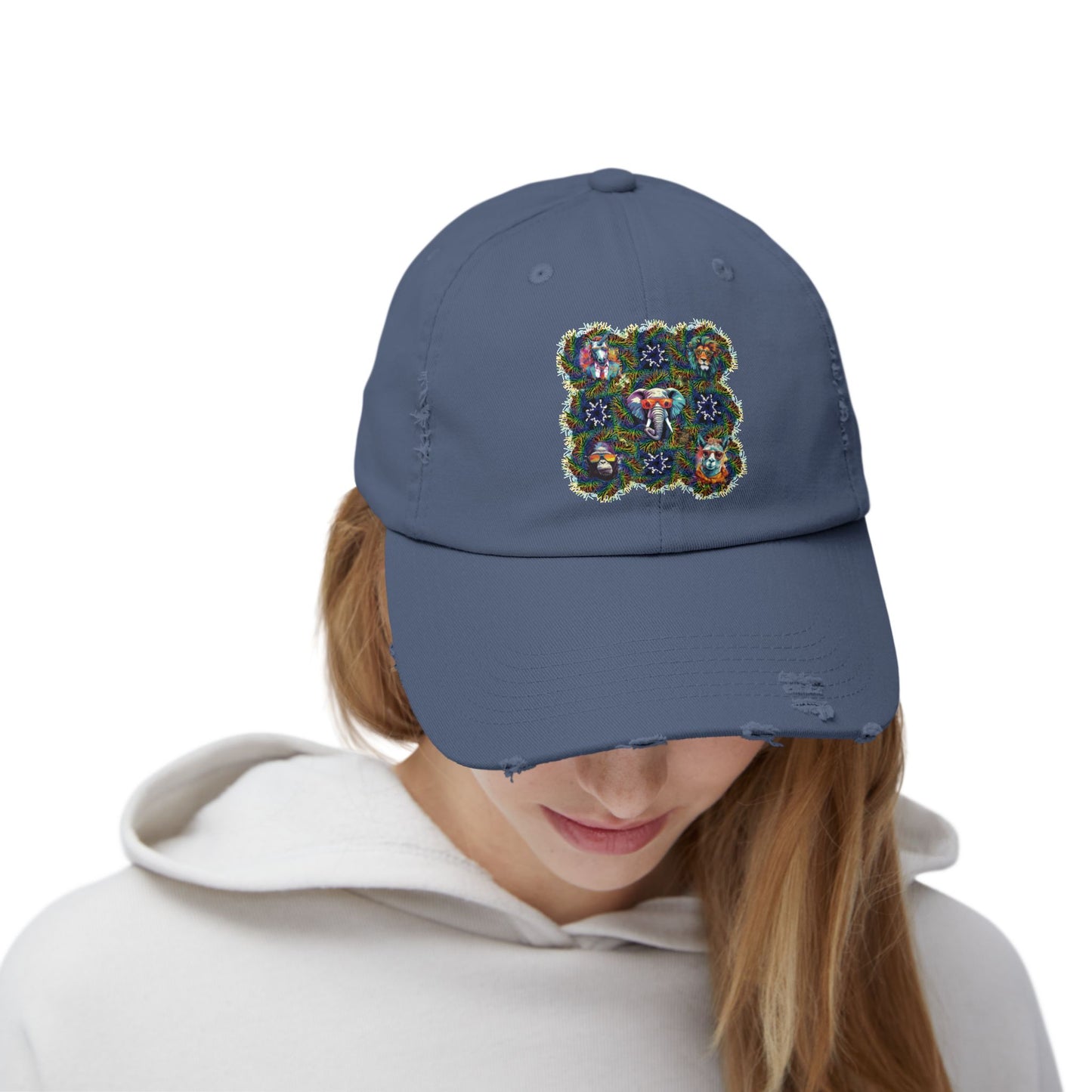 Wild & Cool Creatures Unisex Distressed Cap, Graphic Art, Animals, Gift, Hats, Cotton Twill, Adjustable, Gifts for Women Men Friends Teens