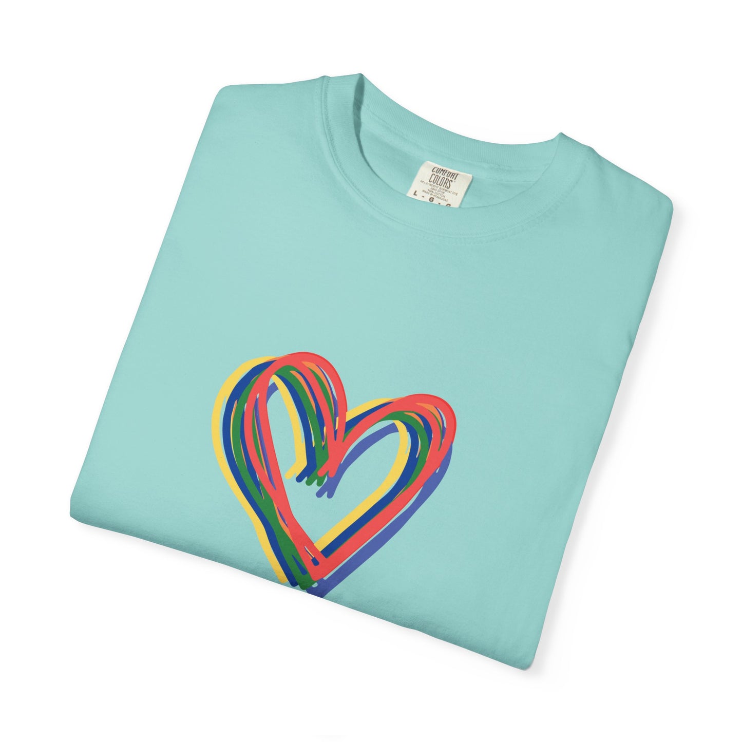 Rainbow Hearts Unisex Garment-Dyed T-shirt, love, Pride, gender neutral, casual, men, women, relaxed, soft, preshrunk cotton, Valentines Day