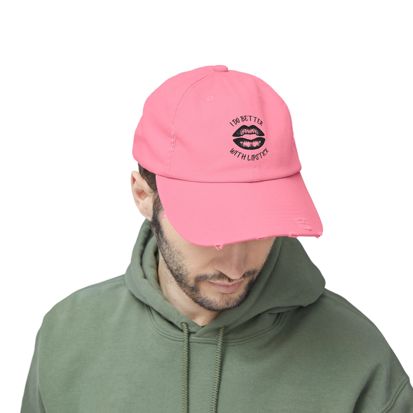 Distressed Cap - I Do Better With Lipstick, Glamorous & Bold, Adjustable, Cotton Twill