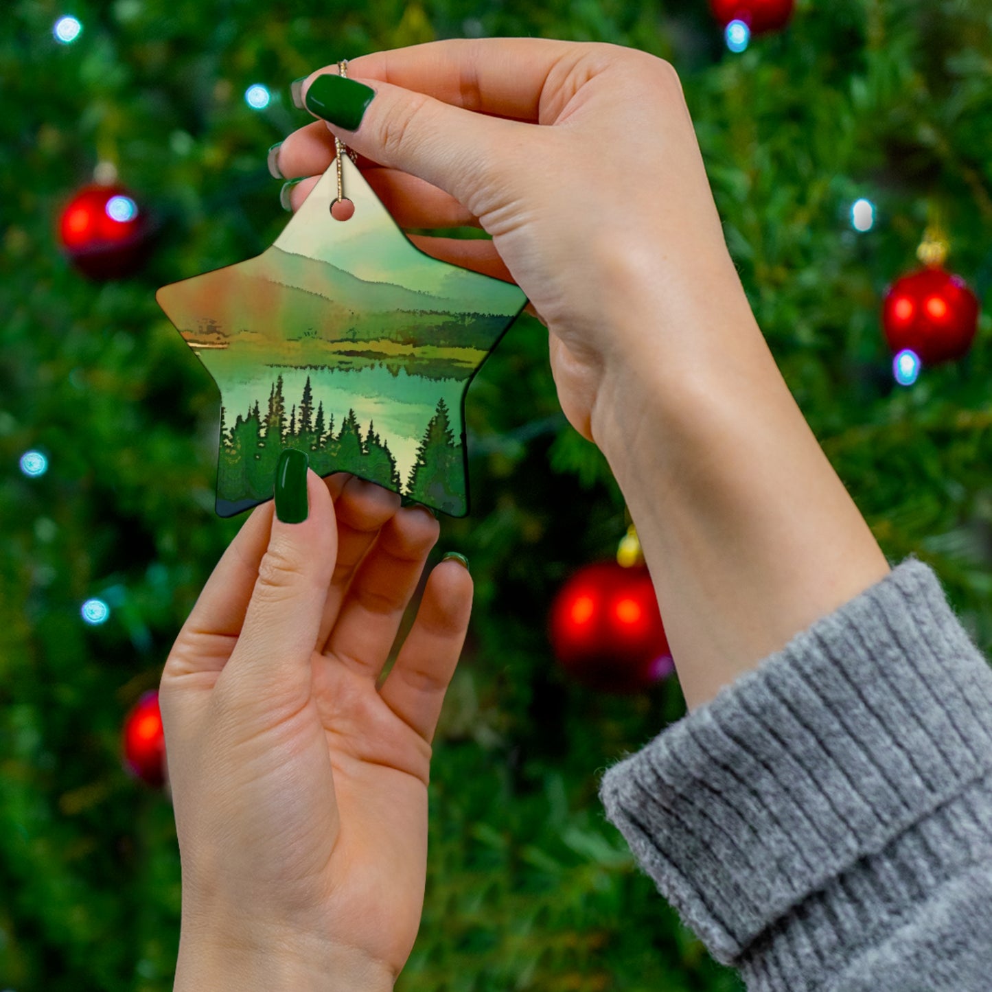 Mountain Lake Hanging Ceramic Ornament, 4 Shapes Circle, Snowflake, Heart, Star, Forest, Tree, Rustic, Holiday, Decor, Gifts, Landscape