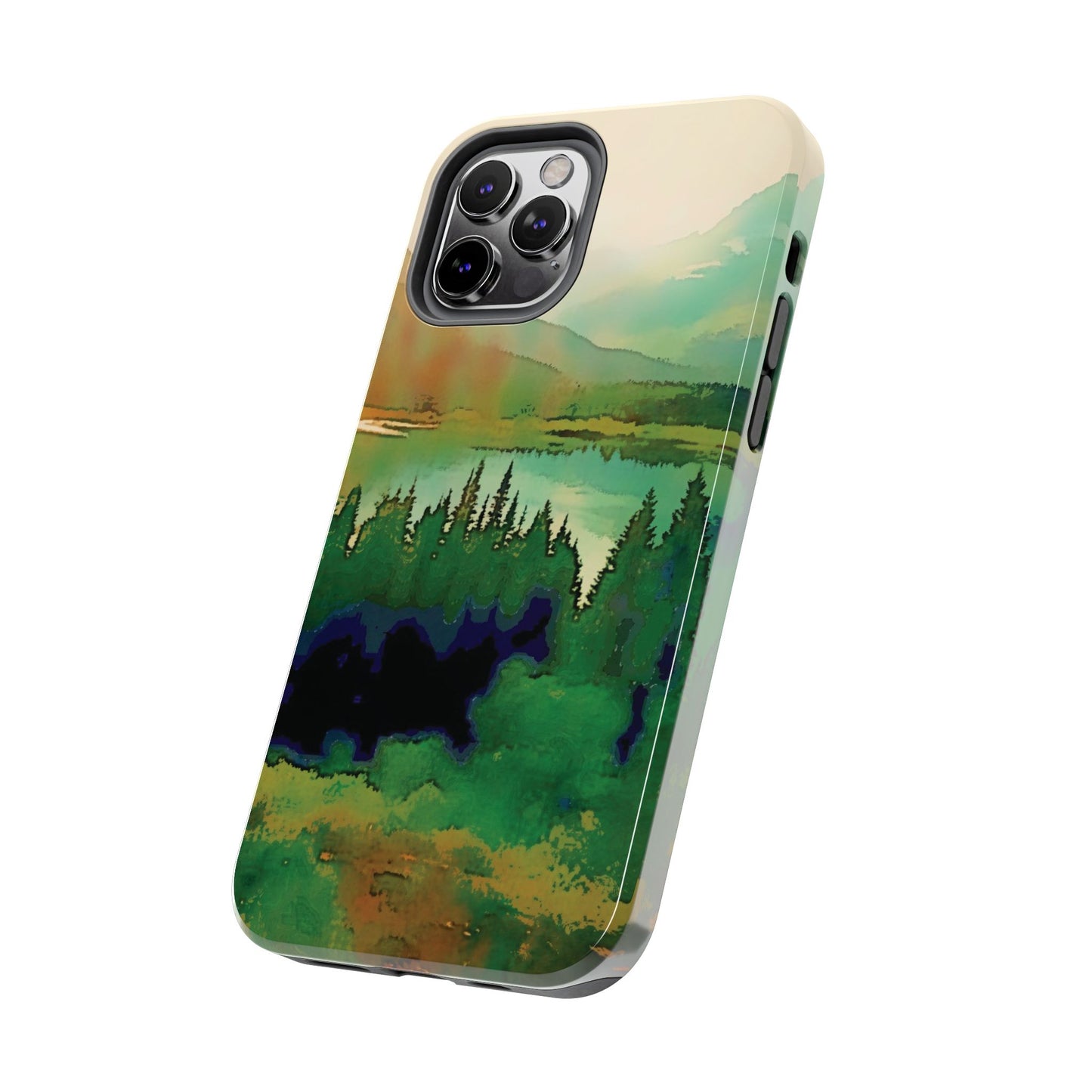 Mountain Lake Tough Phone Cases, iPhone & Samsung cases, wireless charging, trees, nature, colorful, original artwork, gifts, Christmas