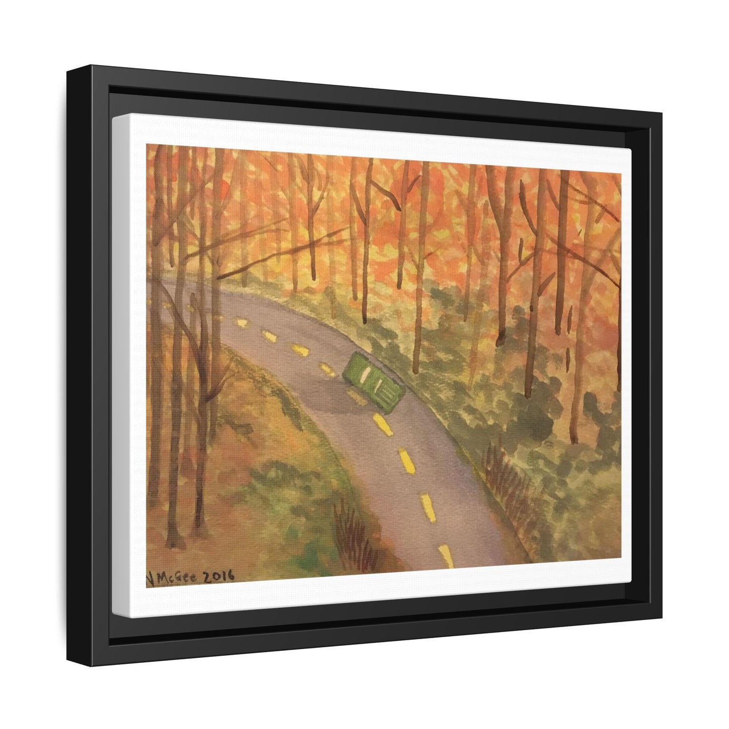 Black Frame Autumn Drive in the Country, Original Watercolor Matte Print, Fall Leaves, Nature, Trees, Artwork, Wall Art, Gift, Colorful
