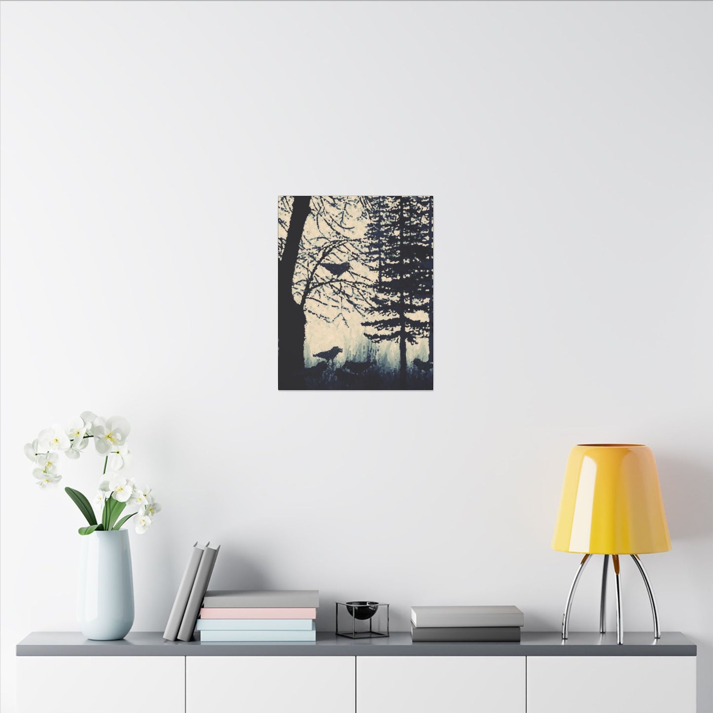 Canvas Wrap Crows in Forest, Dark, Black and White, Original Artwork, Wall Art, Decor, Trees, Birds, Nature, Halloween, Gift, Eco, Matte