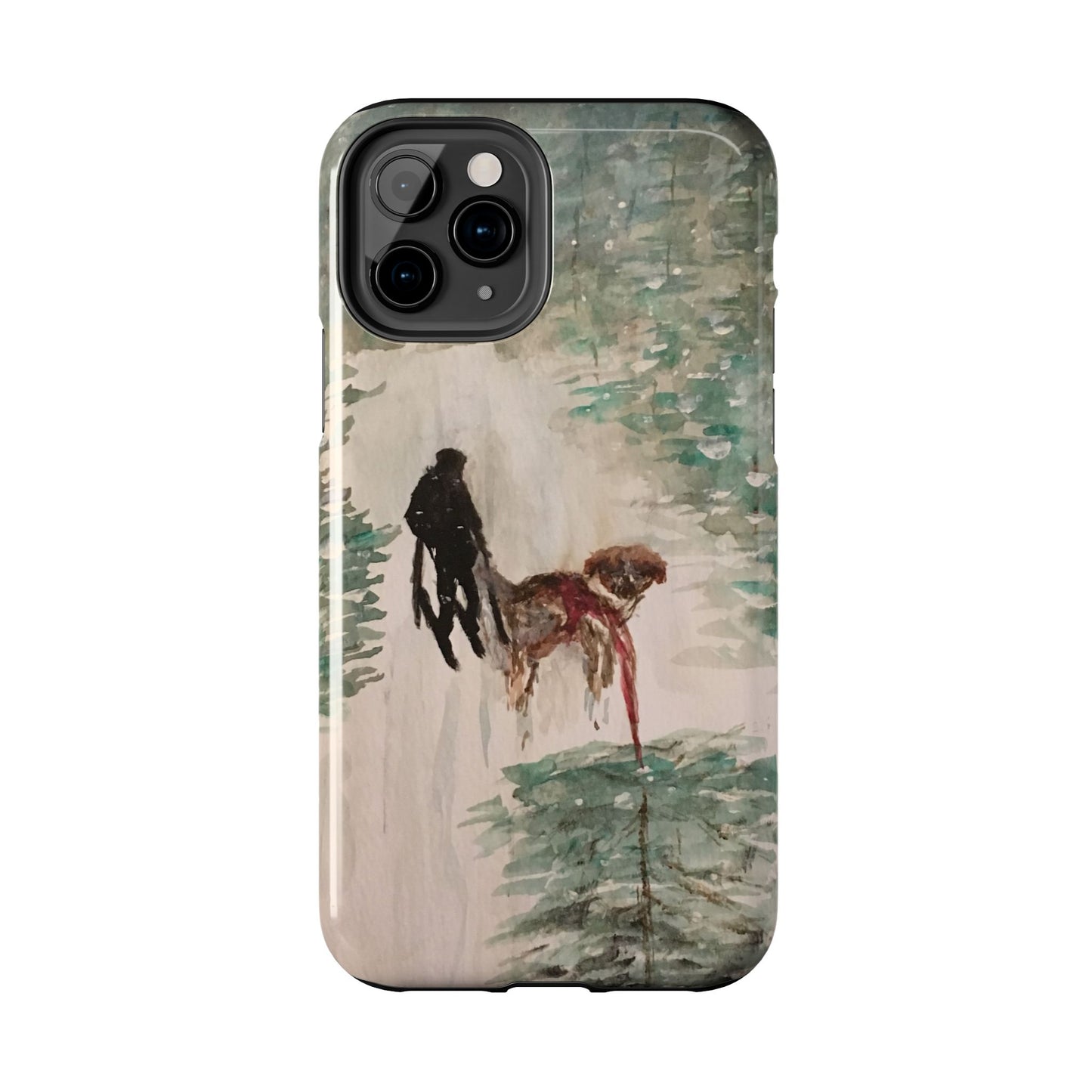 Skier Dog Pulling Tree Tough Phone Cases, iPhone & Samsung cases, wireless charging, pine trees, snow, original artwork, gifts, Christmas