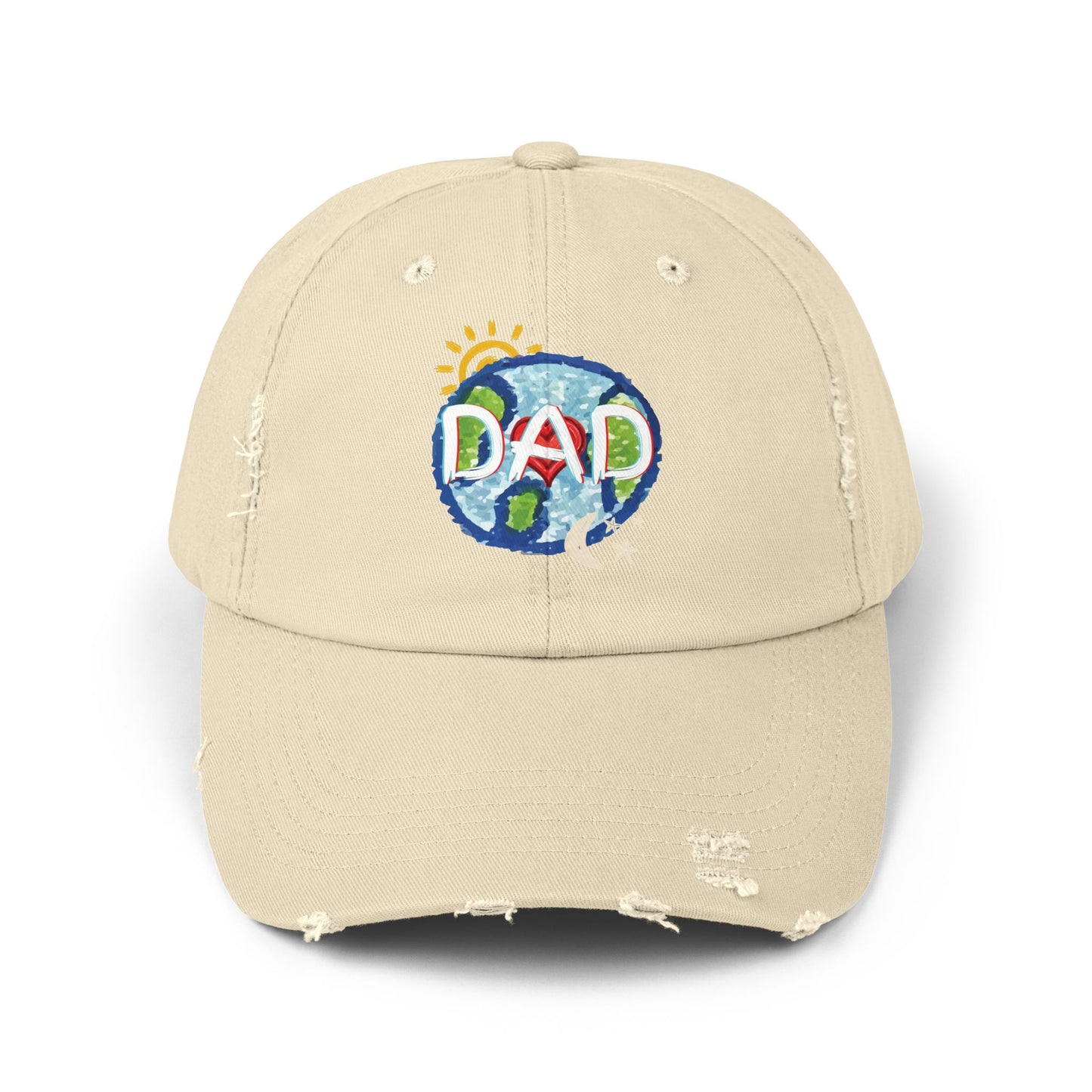 DAD Unisex Distressed Cap, Whole World, Sun, Moon & Stars, Heart, Fathers Day, Gift, Hats, Cotton Twill, Adjustable, Gifts for Men