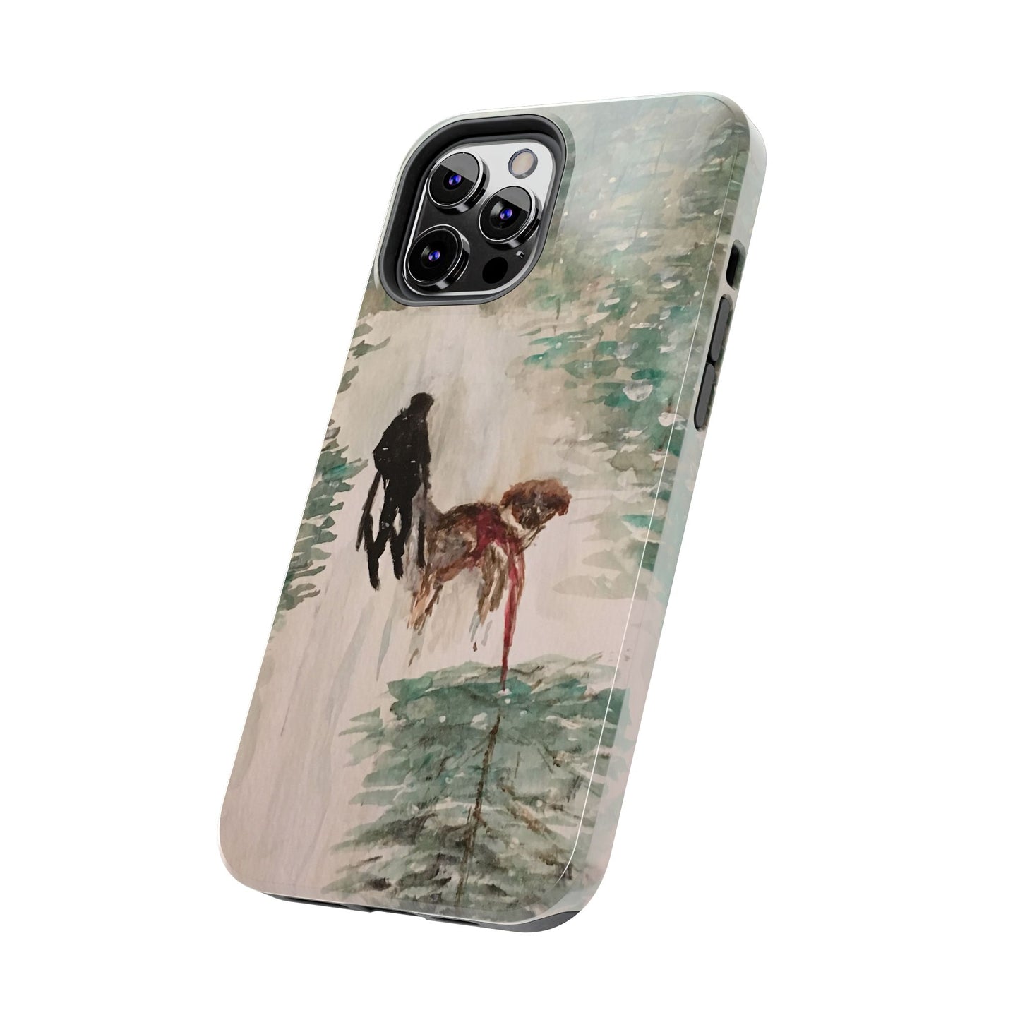 Skier Dog Pulling Tree Tough Phone Cases, iPhone & Samsung cases, wireless charging, pine trees, snow, original artwork, gifts, Christmas