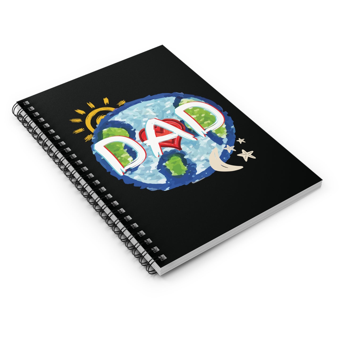DAD Black Spiral Notebook - Ruled Line, Whole World, Sun, Moon & Stars, Heart - Fathers Day Gifts