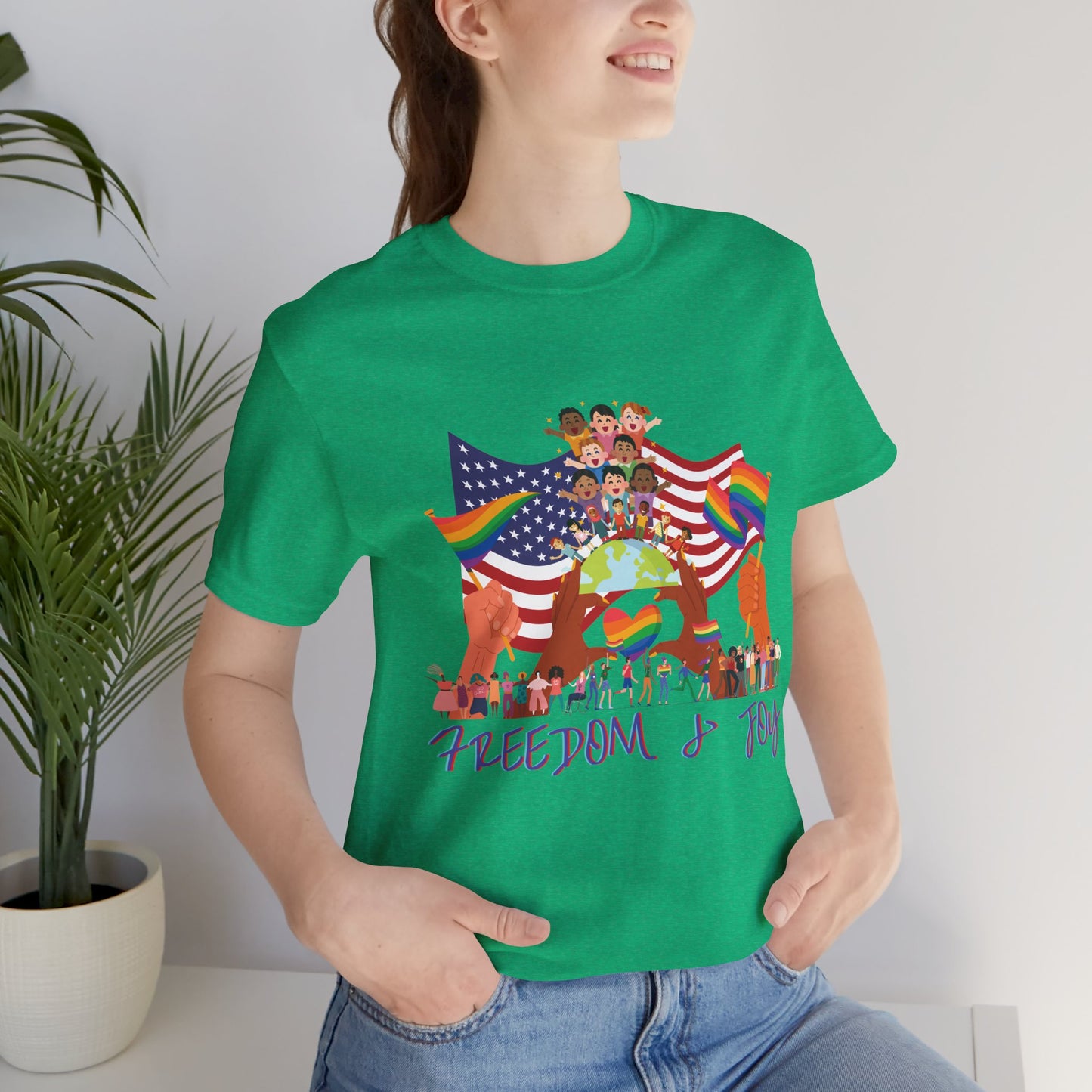 Freedom & Joy Unisex Tee, America, Inclusion, Equality, Love, Pride, Flag, Election, Gift, Comfy, Soft, Casual, Gender Neutral, Short Sleeve