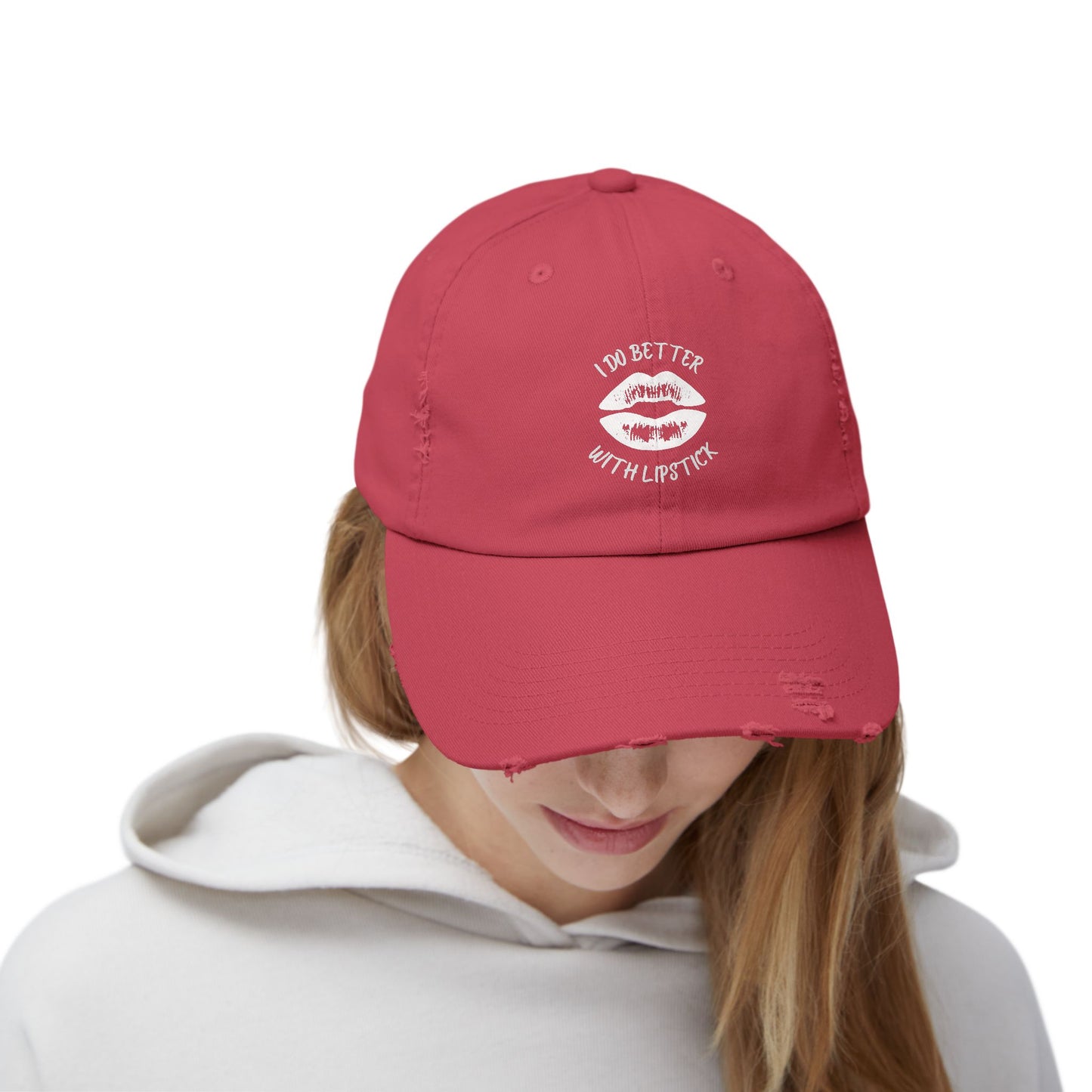 Distressed Cap - I Do Better With Lipstick, Glamorous & Bold, Adjustable, Cotton Twill