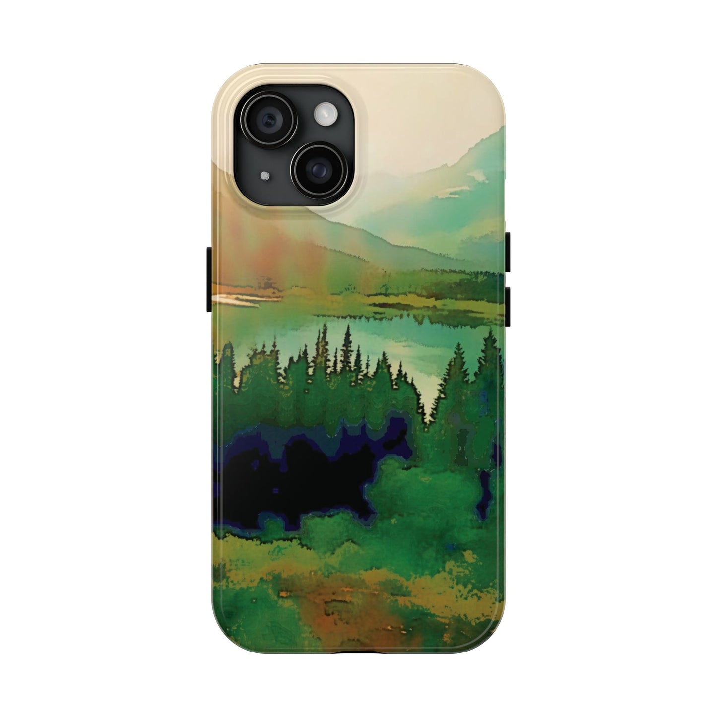 Mountain Lake Tough Phone Cases, iPhone & Samsung cases, wireless charging, trees, nature, colorful, original artwork, gifts, Christmas