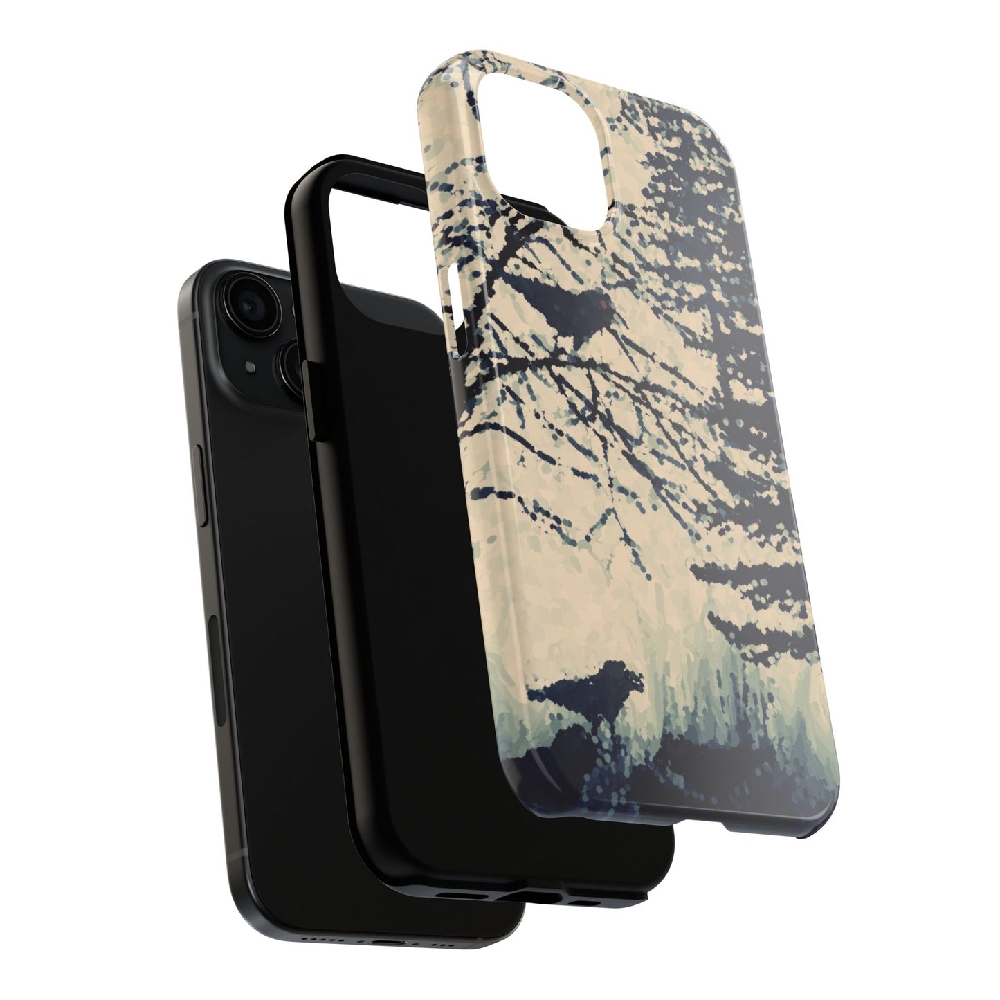 Crows in Forest Tough Phone Cases, iPhone & Samsung cases, wireless charging, crows, trees, birds, original artwork, gifts, Halloween