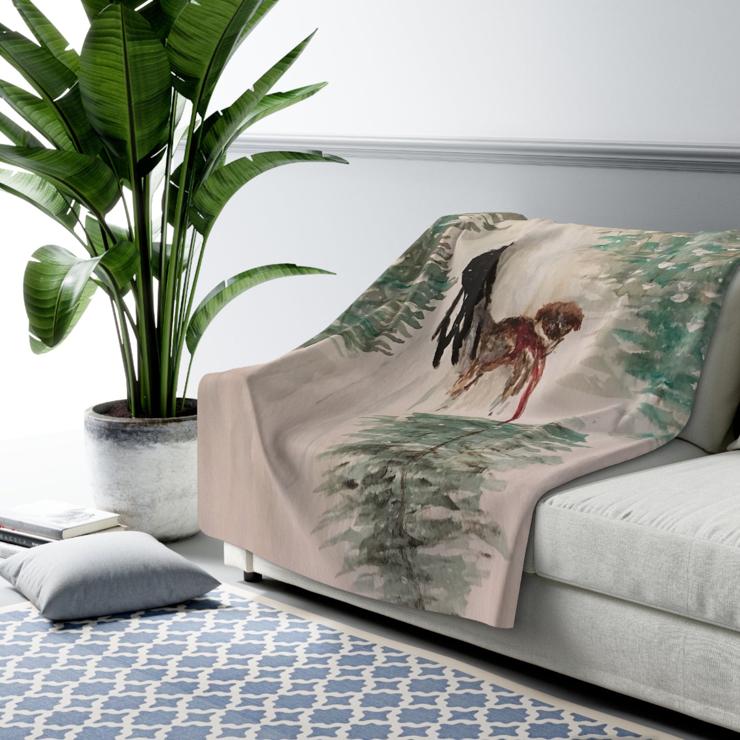 Skier Dog Pulling Tree Sherpa Fleece Blanket, Custom Artwork, Seasonal Decor, Cozy, Winter, Holidays, Snow, Christmas, Warm