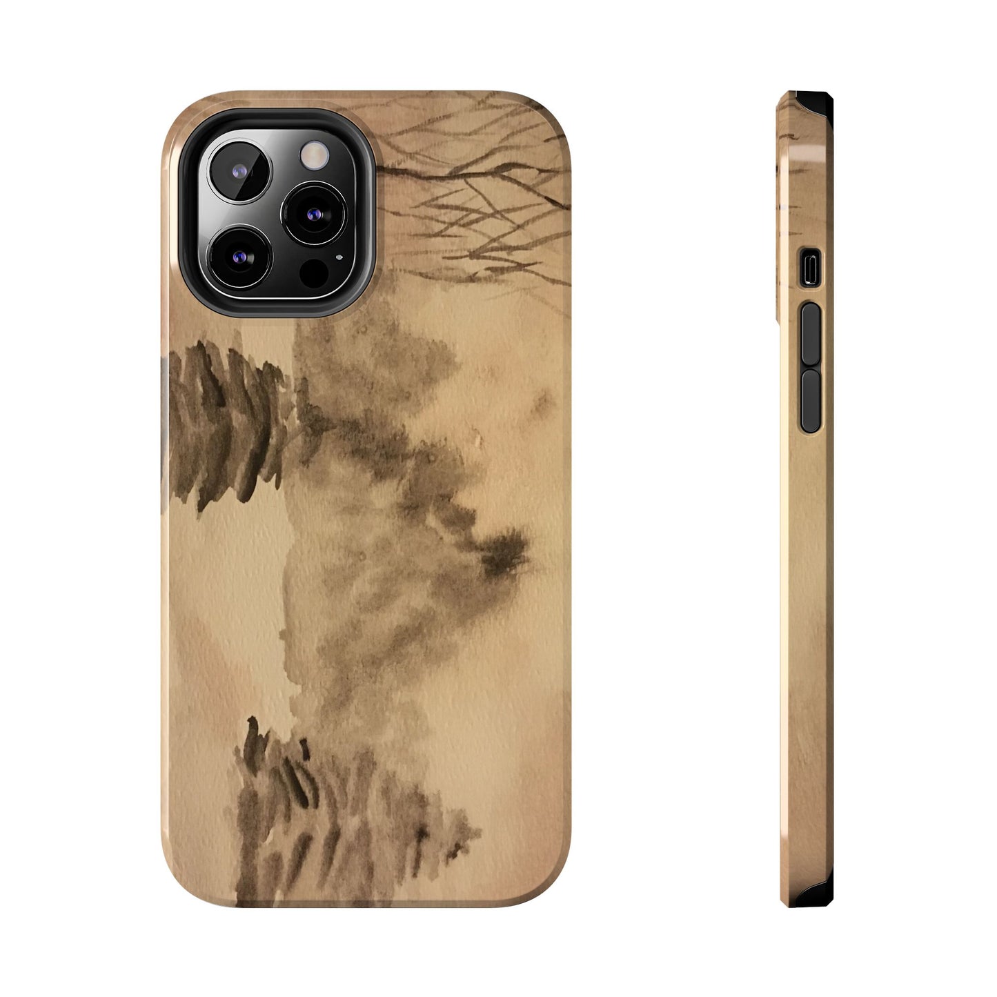 Winter Scene Tough Phone Cases, iPhone & Samsung cases, wireless charging, pine trees, snow, original watercolor artwork, gifts, Christmas