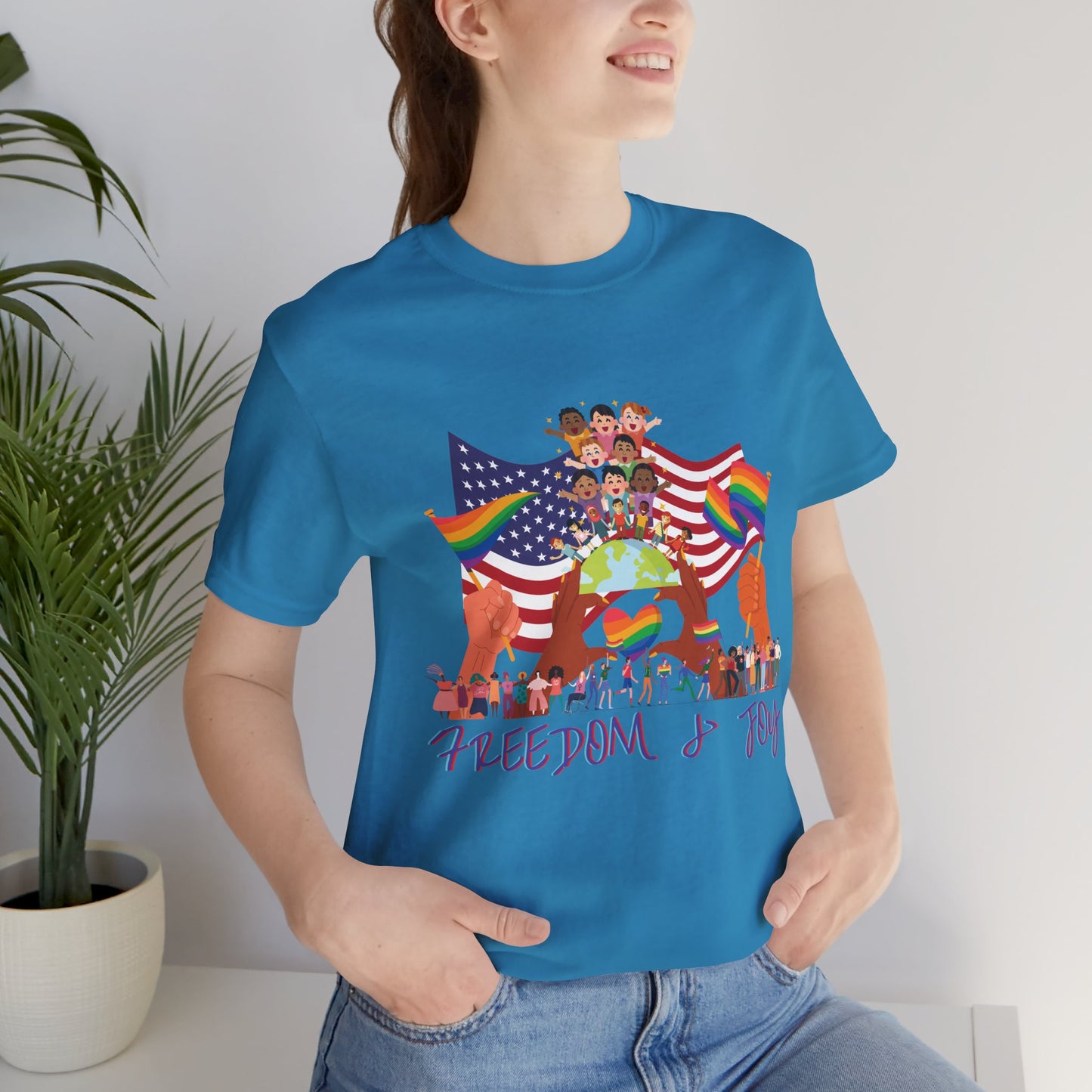 Freedom & Joy Unisex Tee, America, Inclusion, Equality, Love, Pride, Flag, Election, Gift, Comfy, Soft, Casual, Gender Neutral, Short Sleeve