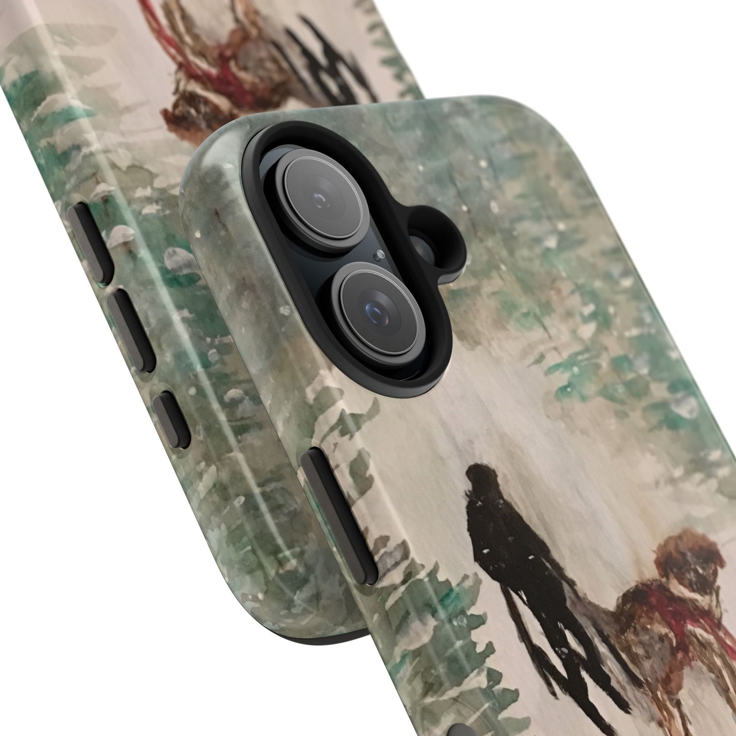 Skier Dog Pulling Tree Tough Phone Cases, iPhone & Samsung cases, wireless charging, pine trees, snow, original artwork, gifts, Christmas