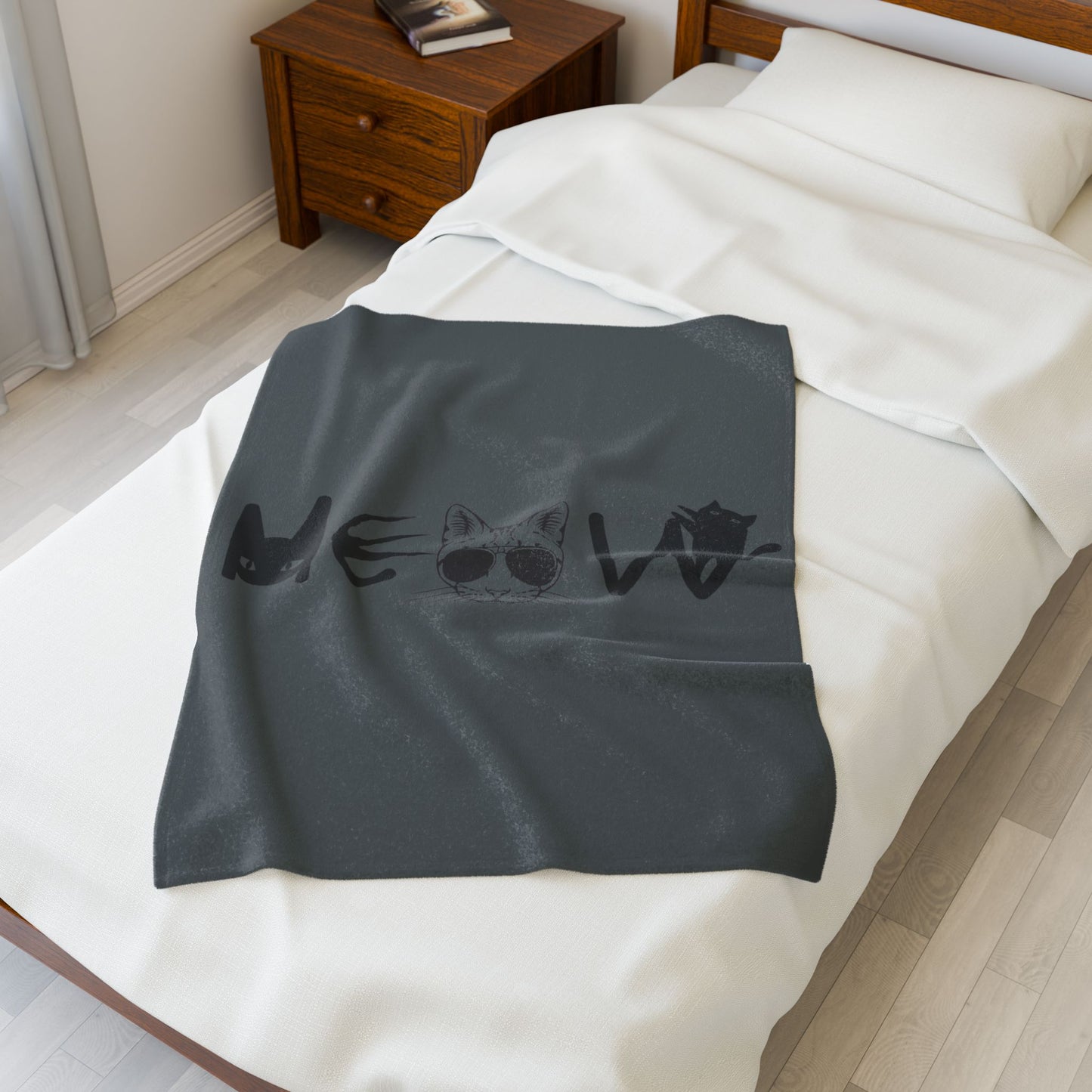 Dark Grey Meow Velveteen Blanket, Cozy Throw, Home Decor, Gift, Bed Cover, Dorm, Warm, Soft, Couch Blanket, Birthday Anniversary Christmas
