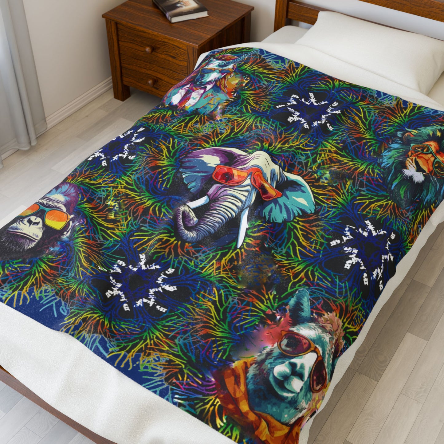 Blue Wild & Cool Creatures Velveteen Blanket, Animals, Cozy Throw, Home Decor, Gift, Bed Cover Vibrant Couch Blanket Kids Birthday Christmas