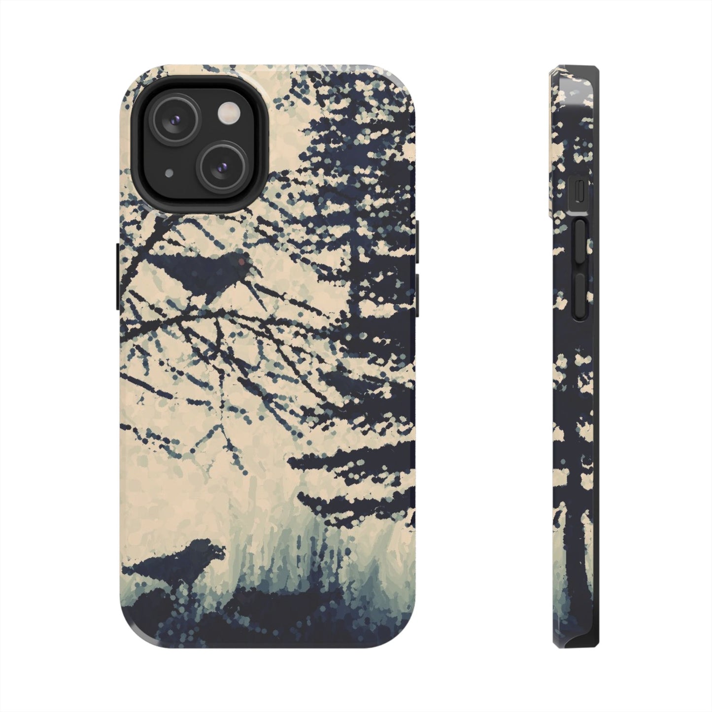 Crows in Forest Tough Phone Cases, iPhone & Samsung cases, wireless charging, crows, trees, birds, original artwork, gifts, Halloween