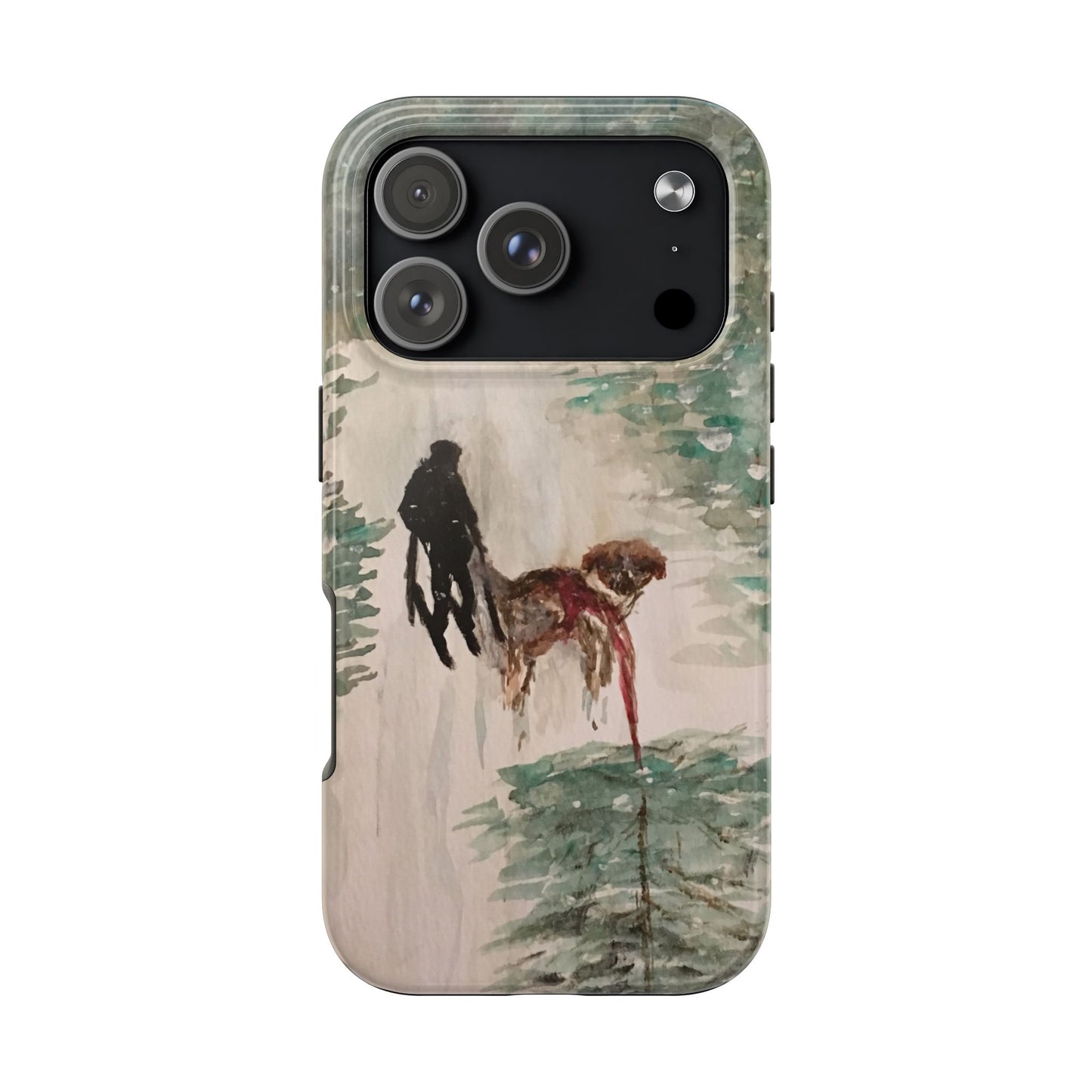 Skier Dog Pulling Tree Tough Phone Cases, iPhone & Samsung cases, wireless charging, pine trees, snow, original artwork, gifts, Christmas