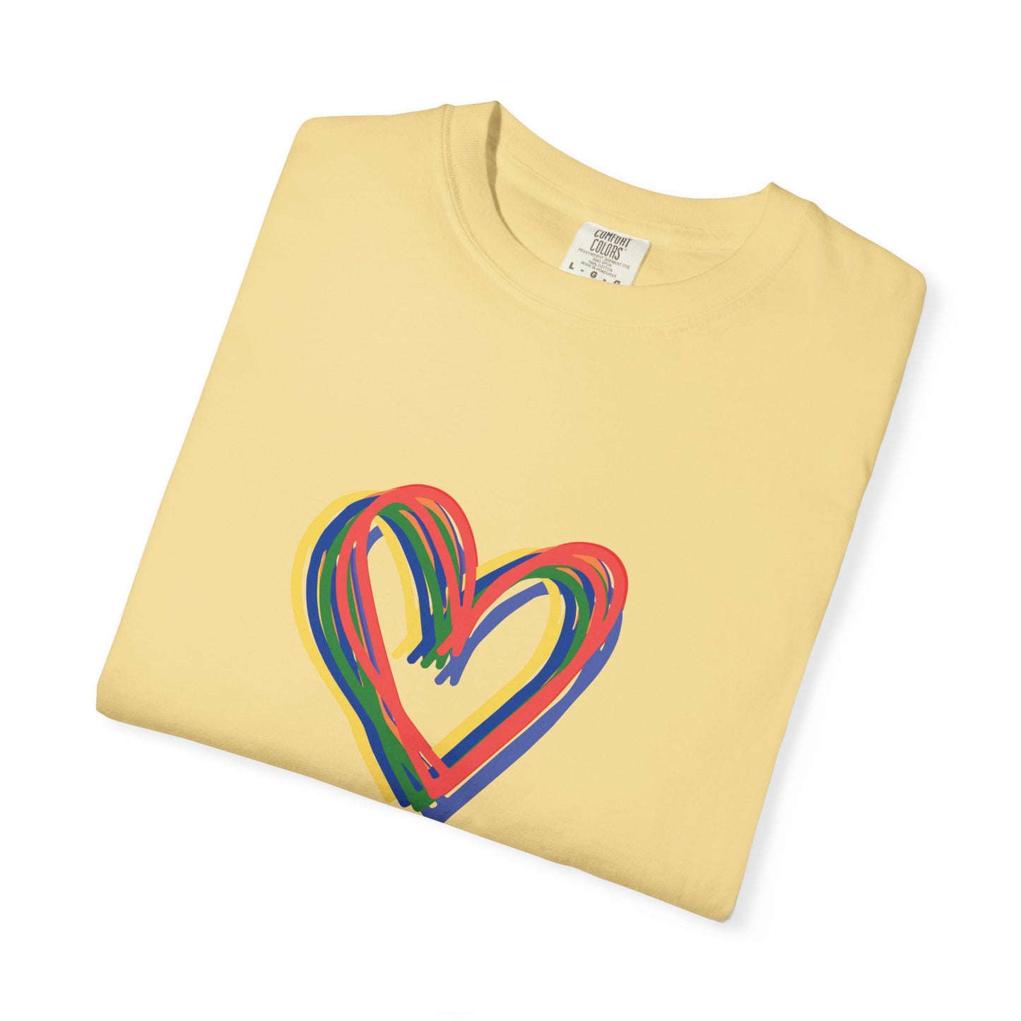 Rainbow Hearts Unisex Garment-Dyed T-shirt, love, Pride, gender neutral, casual, men, women, relaxed, soft, preshrunk cotton, Valentines Day