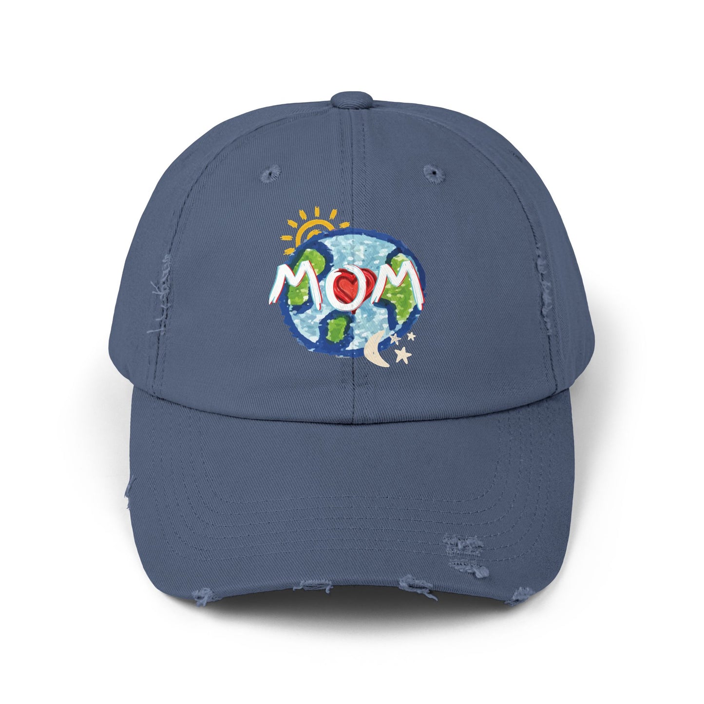 MOM Unisex Distressed Cap, Whole World, Sun, Moon & Stars, Heart, Mothers Day, Gifts for Women, Gift, Hats, Cotton Twill, Adjustable