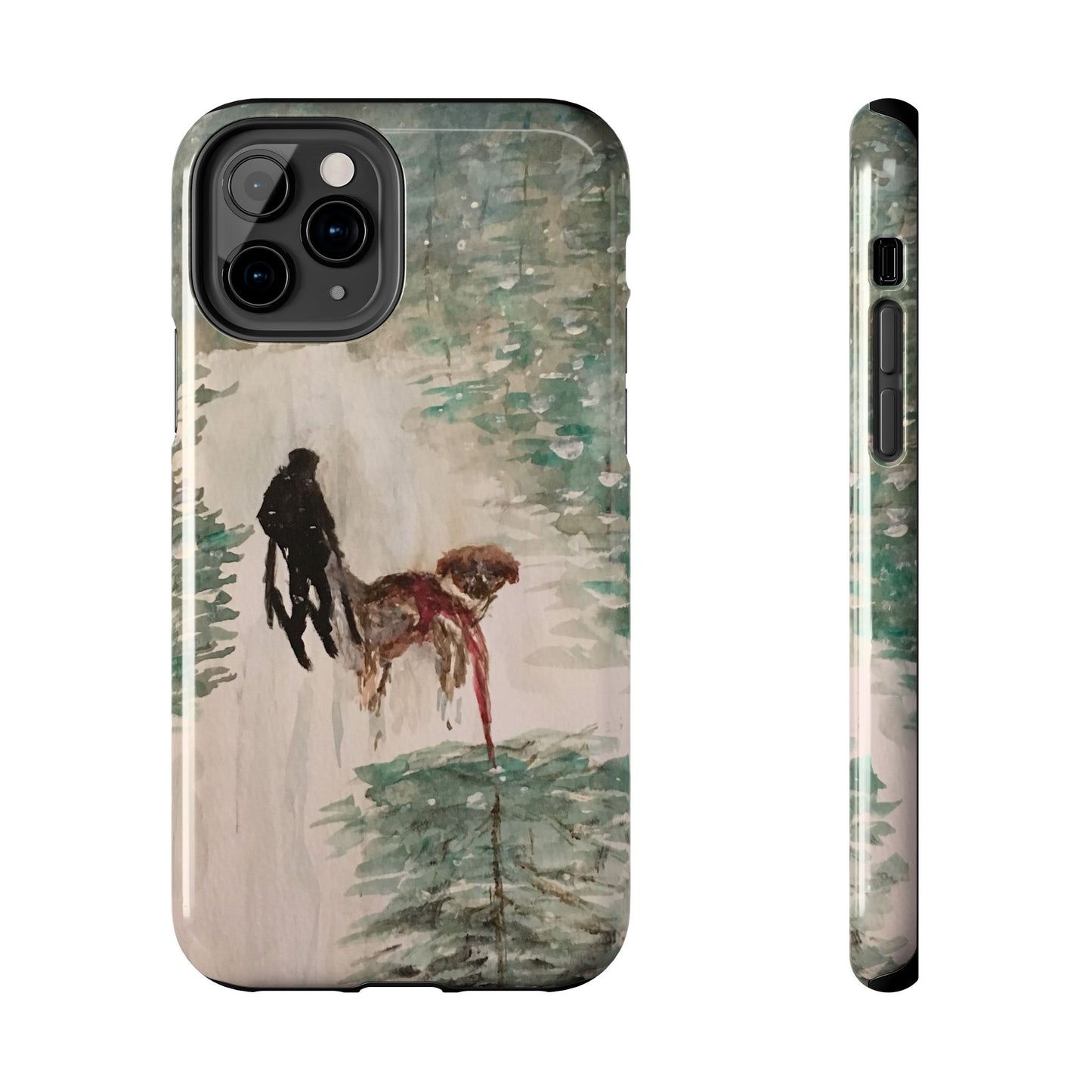 Skier Dog Pulling Tree Tough Phone Cases, iPhone & Samsung cases, wireless charging, pine trees, snow, original artwork, gifts, Christmas