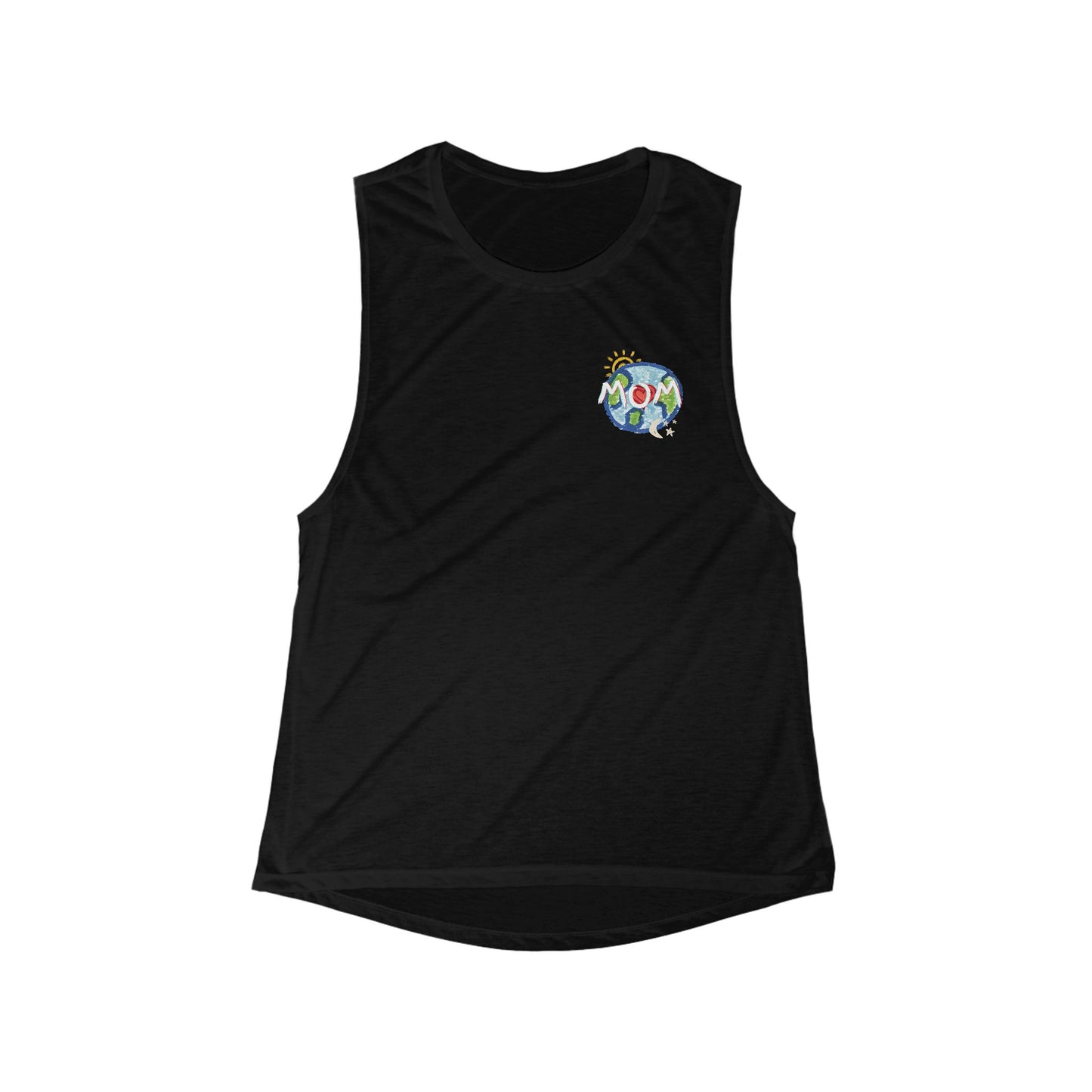 MOM Womens Flowy Scoop Muscle Tank, Whole World, Sun Moon Stars, Heart, Love, Mothers Day, Gift for Women, Comfy, Soft, workout, sleeveless
