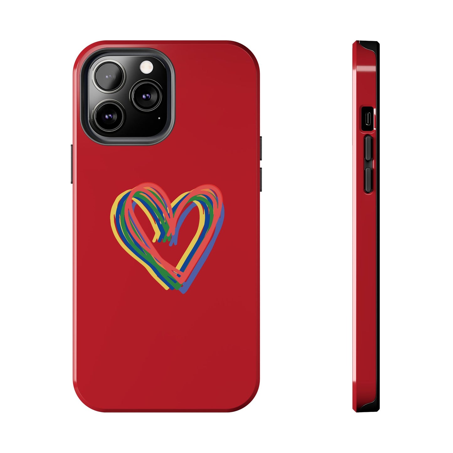 Rainbow Hearts Tough Phone Case, Red Phone Cover, Smartphone Case, Heart Pattern Phone Shell, Phone Hard Case, Colorful, Wireless Charging