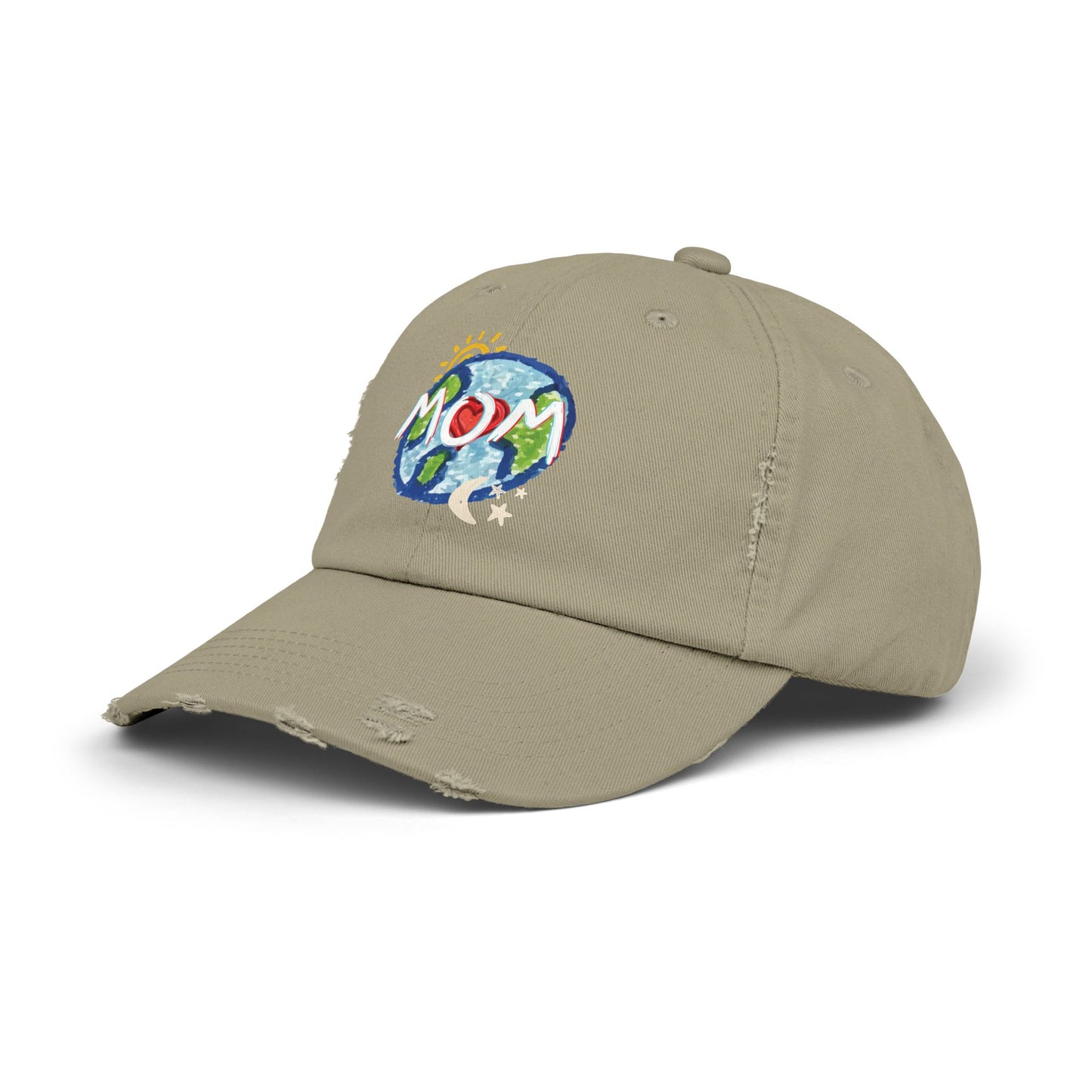 MOM Unisex Distressed Cap, Whole World, Sun, Moon & Stars, Heart, Mothers Day, Gifts for Women, Gift, Hats, Cotton Twill, Adjustable