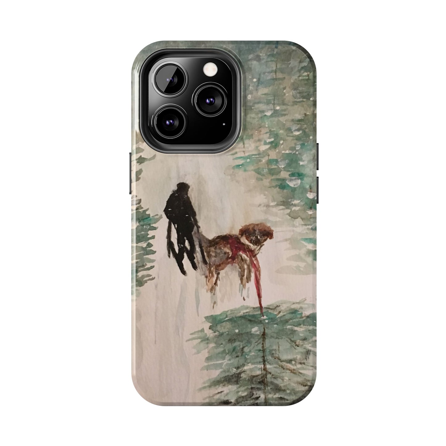Skier Dog Pulling Tree Tough Phone Cases, iPhone & Samsung cases, wireless charging, pine trees, snow, original artwork, gifts, Christmas