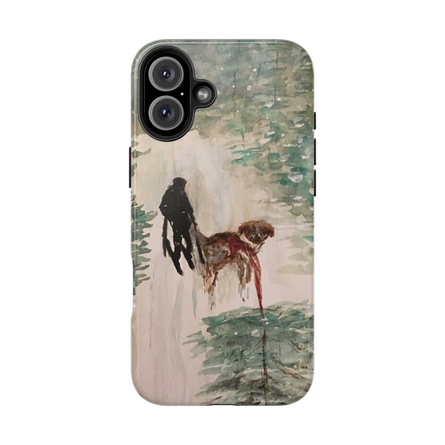 Skier Dog Pulling Tree Tough Phone Cases, iPhone & Samsung cases, wireless charging, pine trees, snow, original artwork, gifts, Christmas