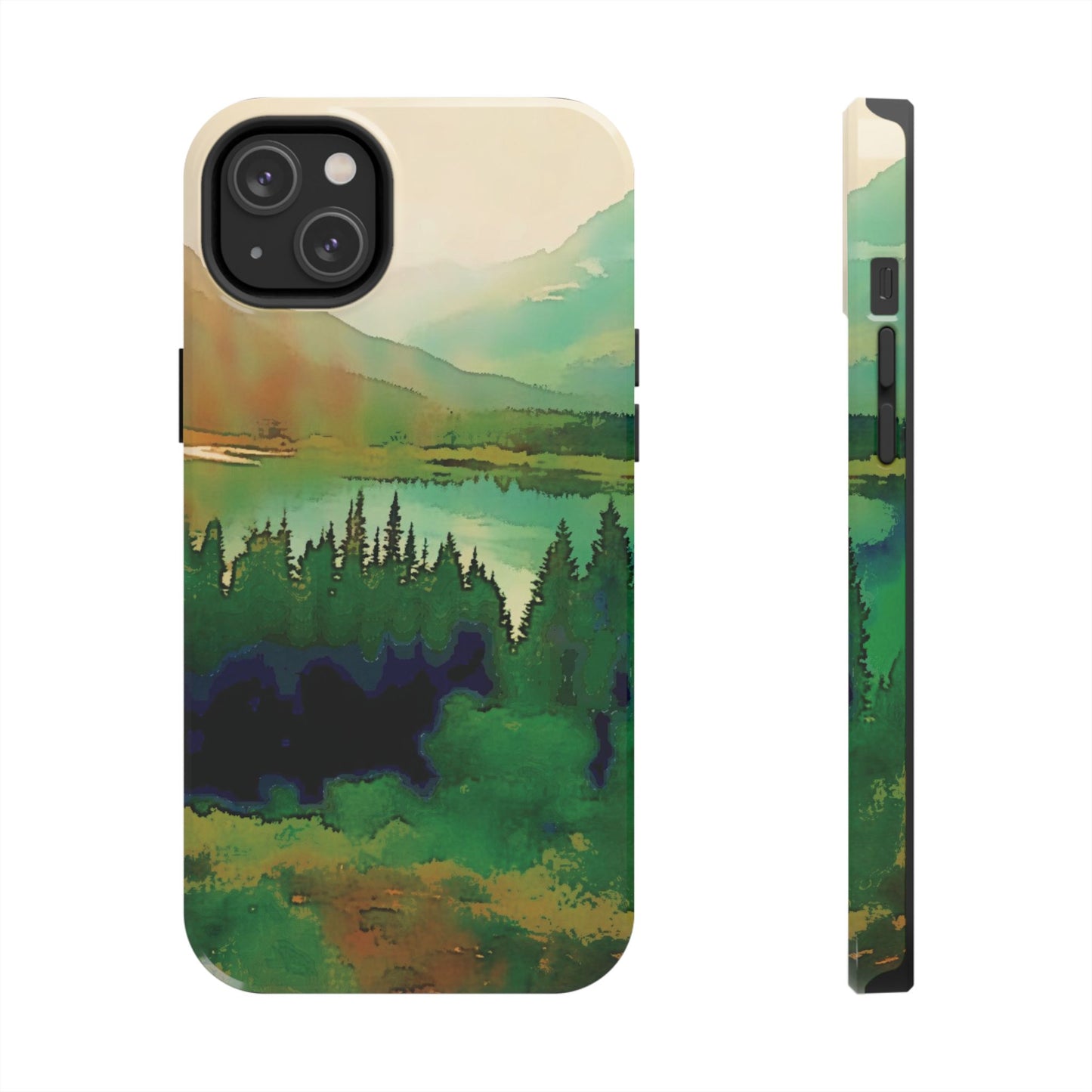 Mountain Lake Tough Phone Cases, iPhone & Samsung cases, wireless charging, trees, nature, colorful, original artwork, gifts, Christmas