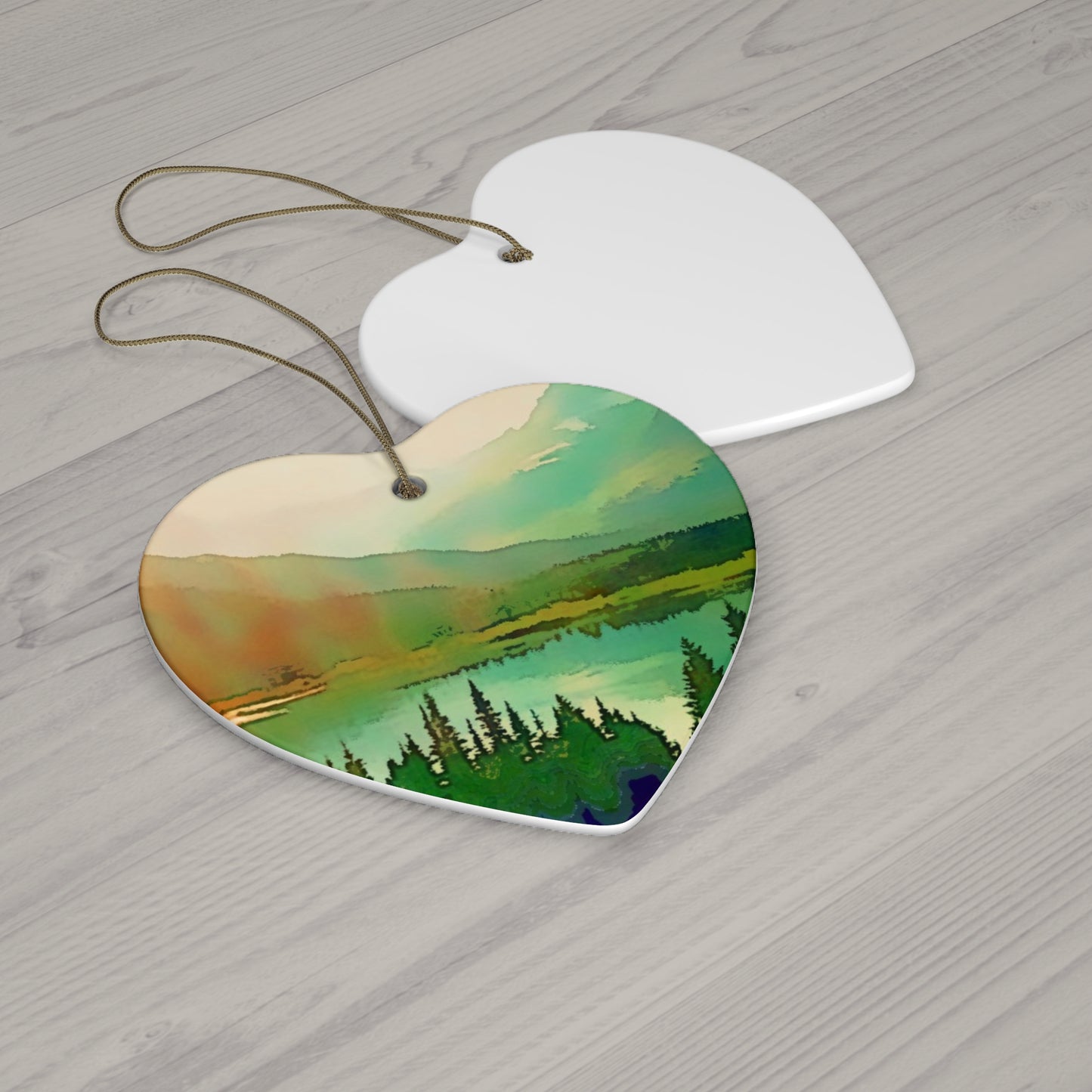 Mountain Lake Hanging Ceramic Ornament, 4 Shapes Circle, Snowflake, Heart, Star, Forest, Tree, Rustic, Holiday, Decor, Gifts, Landscape