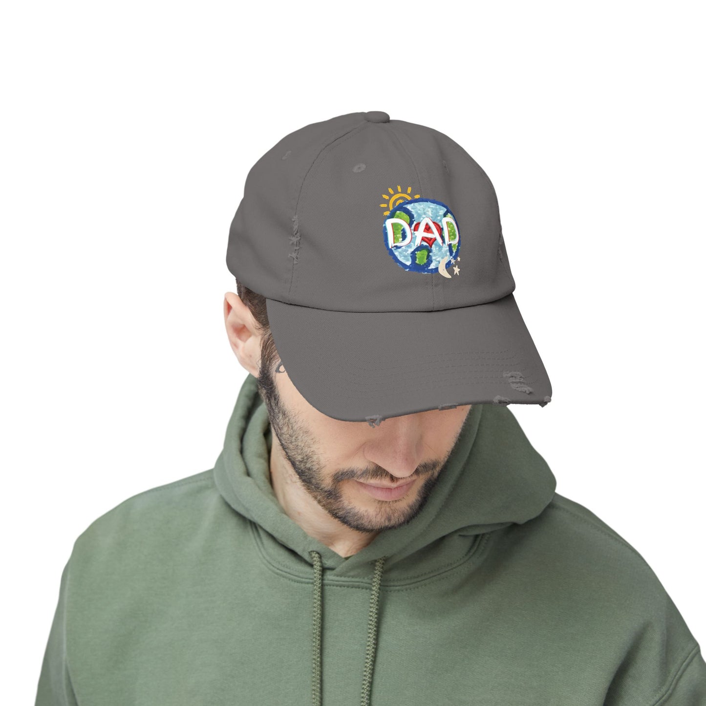 DAD Unisex Distressed Cap, Whole World, Sun, Moon & Stars, Heart, Fathers Day, Gift, Hats, Cotton Twill, Adjustable, Gifts for Men