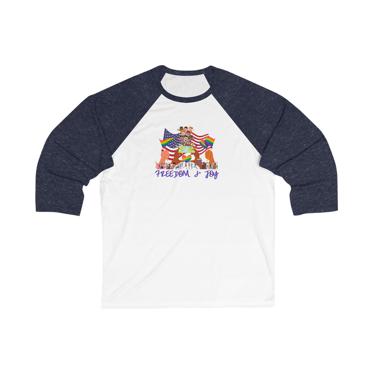 Freedom & Joy Unisex 3\4 Sleeve Baseball Tee, love, happy, inclusion, equality, pride, gender neutral, gift for women men teens friends