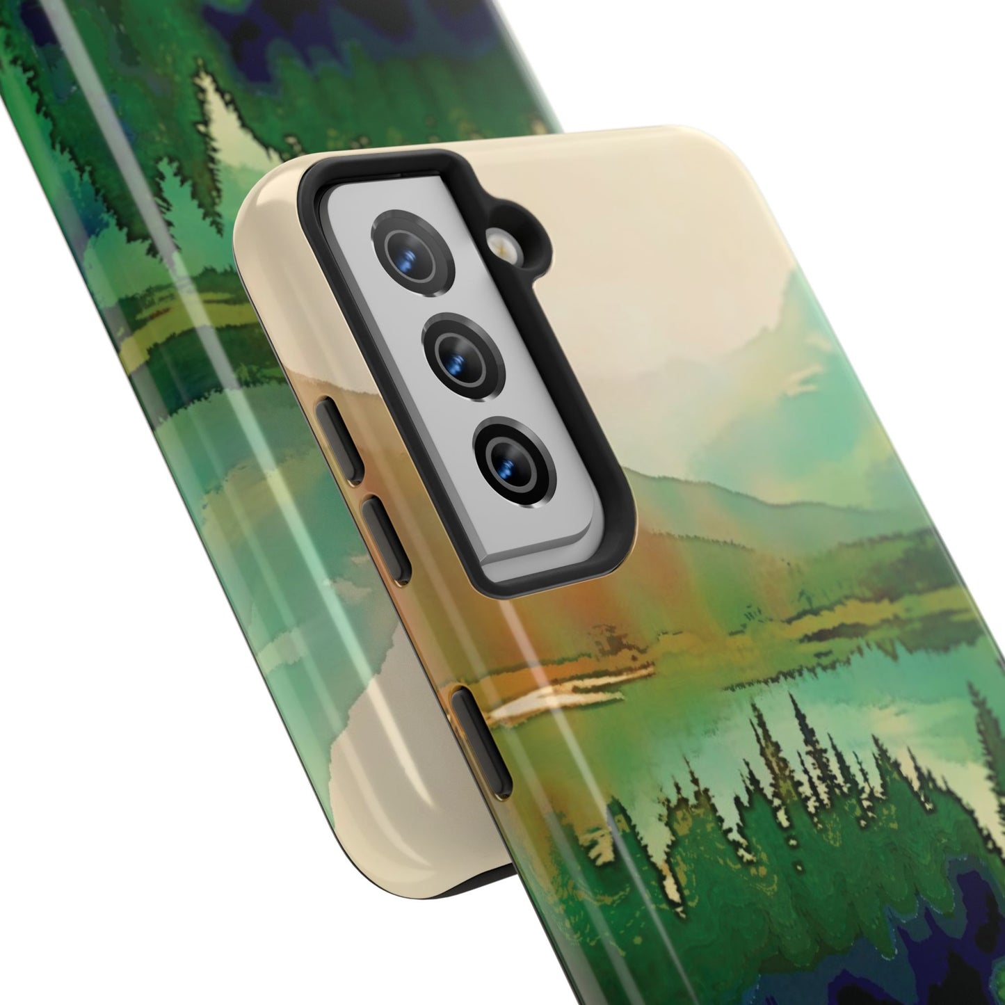 Mountain Lake Tough Phone Cases, iPhone & Samsung cases, wireless charging, trees, nature, colorful, original artwork, gifts, Christmas