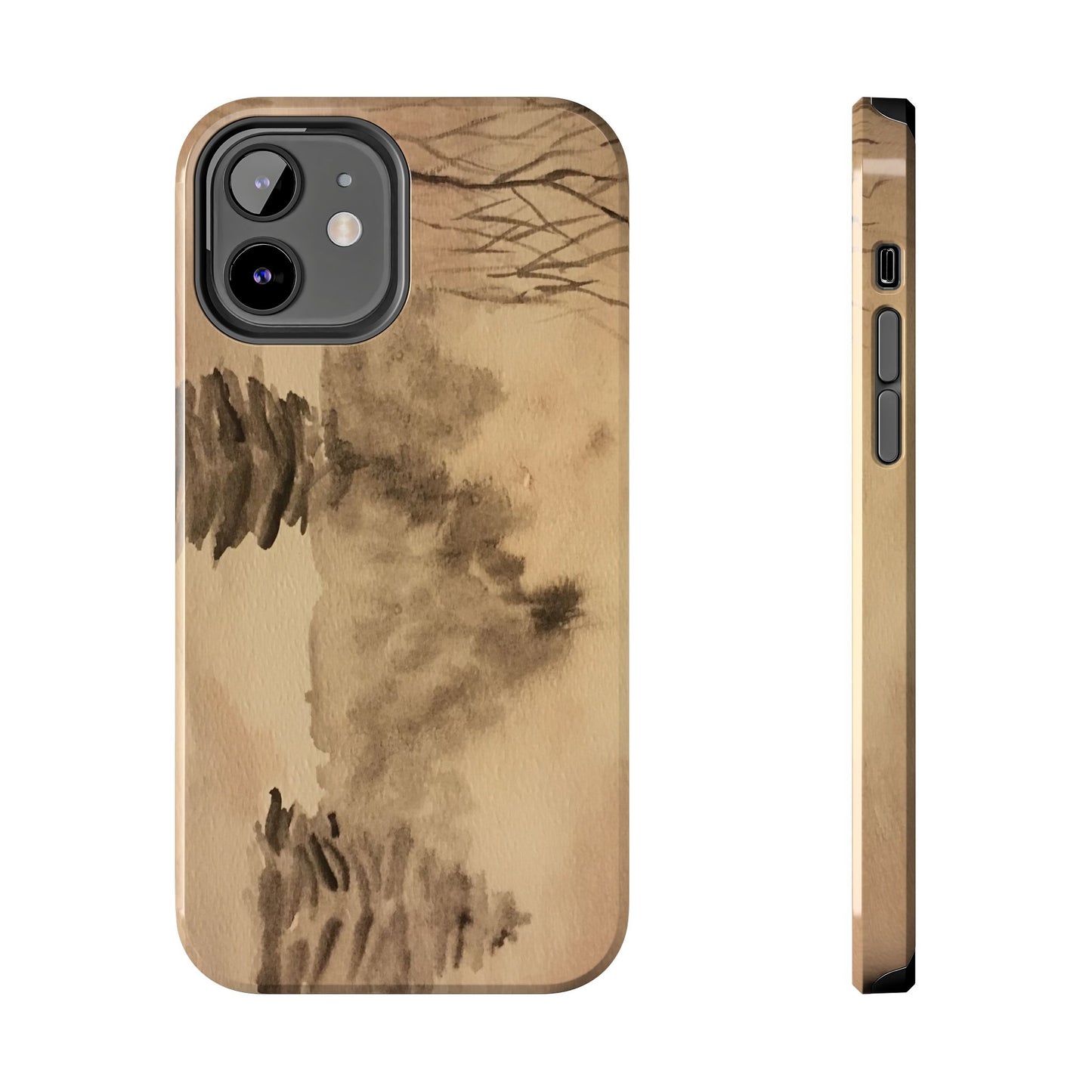 Winter Scene Tough Phone Cases, iPhone & Samsung cases, wireless charging, pine trees, snow, original watercolor artwork, gifts, Christmas