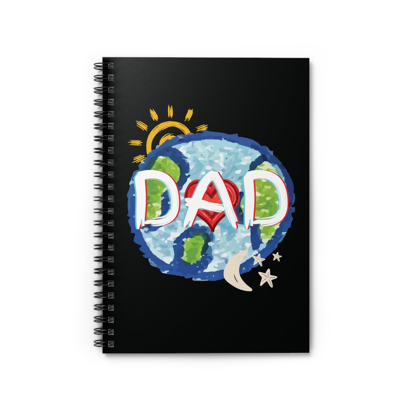 DAD Black Spiral Notebook - Ruled Line, Whole World, Sun, Moon & Stars, Heart - Fathers Day Gifts