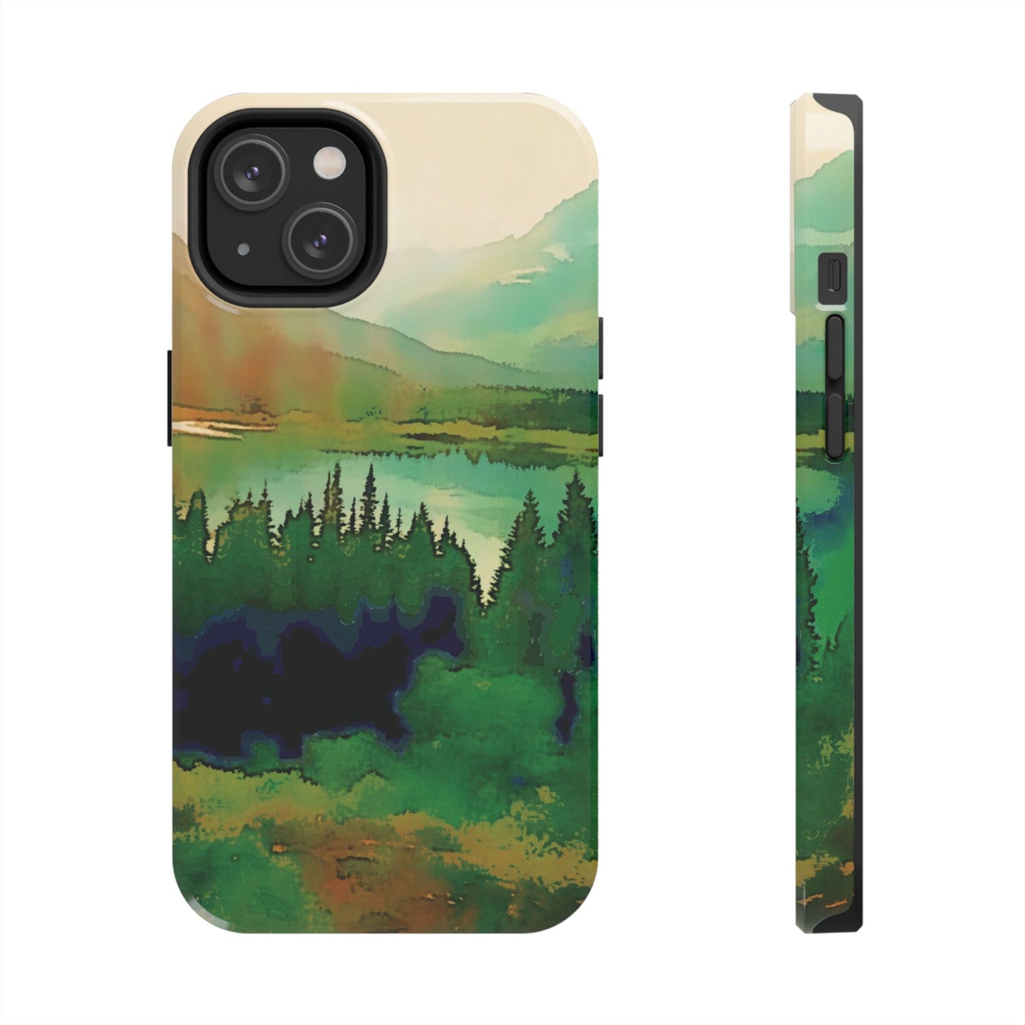 Mountain Lake Tough Phone Cases, iPhone & Samsung cases, wireless charging, trees, nature, colorful, original artwork, gifts, Christmas