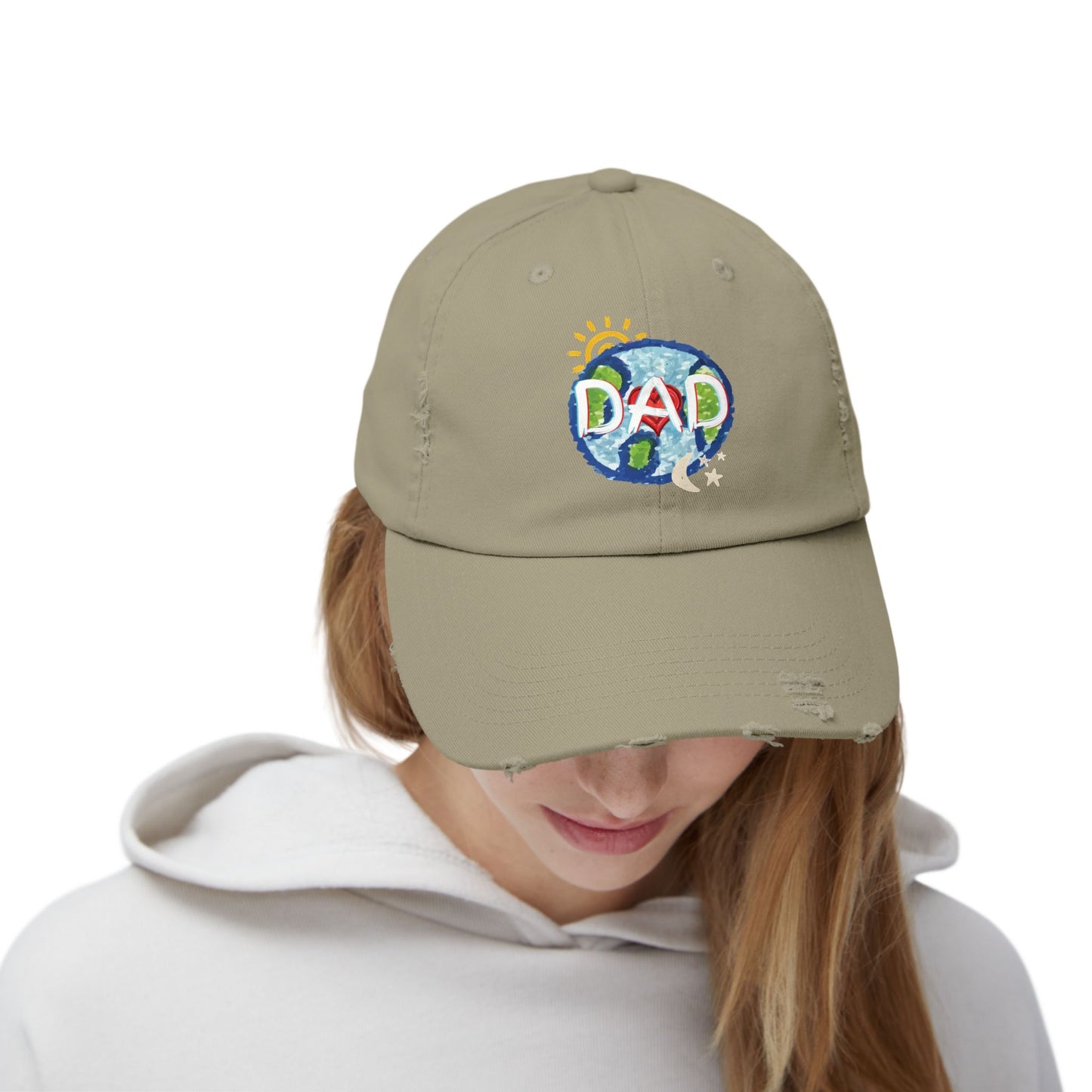 DAD Unisex Distressed Cap, Whole World, Sun, Moon & Stars, Heart, Fathers Day, Gift, Hats, Cotton Twill, Adjustable, Gifts for Men