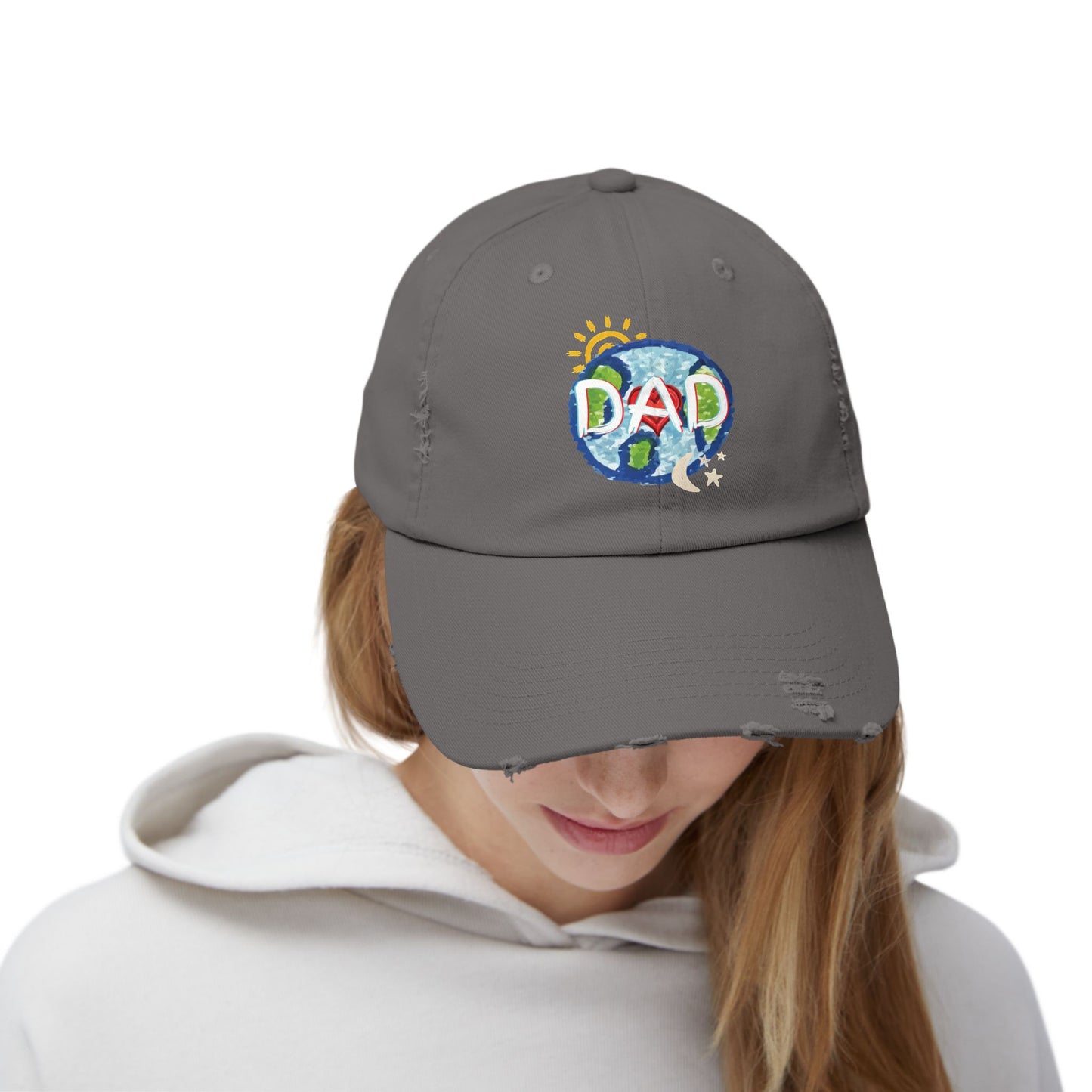 DAD Unisex Distressed Cap, Whole World, Sun, Moon & Stars, Heart, Fathers Day, Gift, Hats, Cotton Twill, Adjustable, Gifts for Men